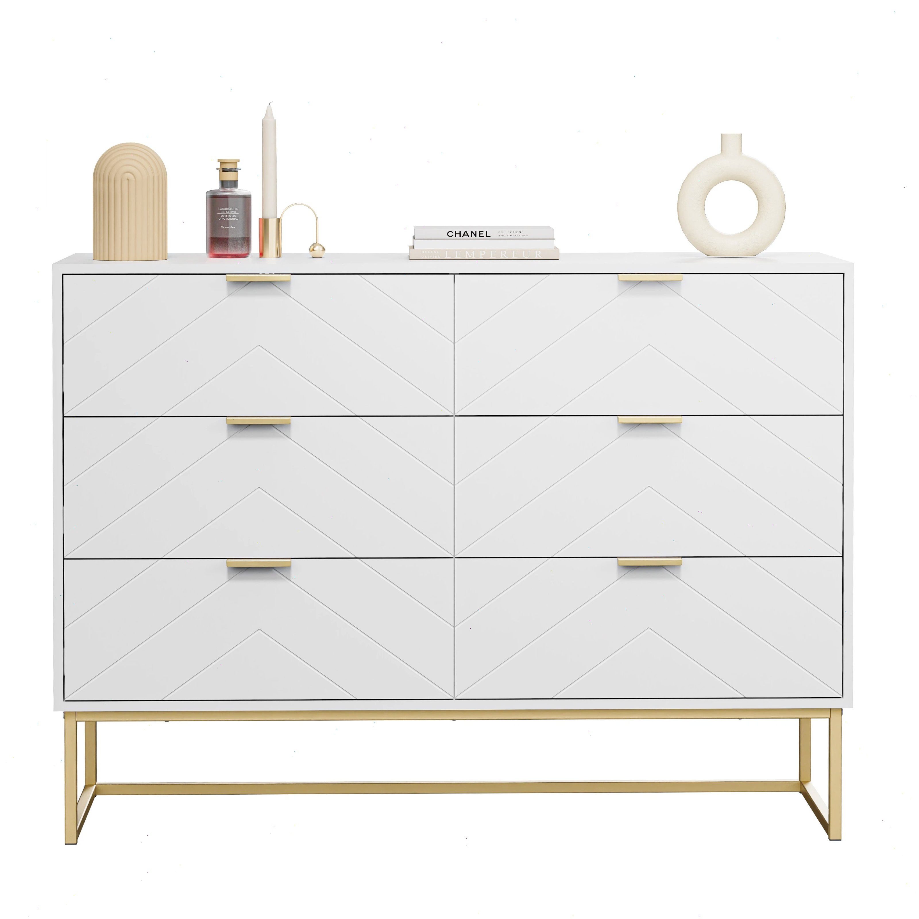UEV Sideboard mit 6 Выдвижные ящики, Highboard Mehrzweckschrank mit Kisppschutz (für Wohnzimmer Schlafzimmer Büro Flur, 100x34x73,5cm), Кухниschrank Buffet TV Board Schrank mit Füße Aufbewahrungsschrank