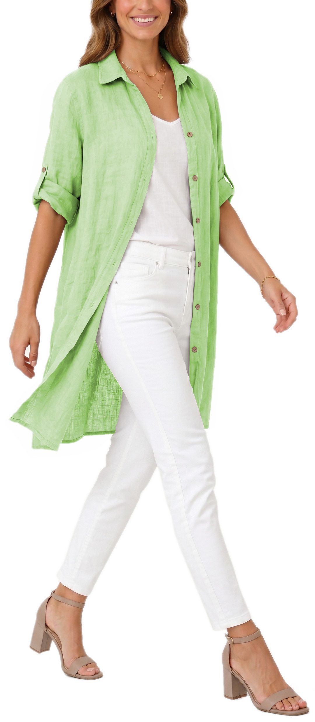 dy_mode Longbluse Damen Leinen Longbluse Sommer Hemdbluse Blusenkleid Luftige Tunika in Unifarbe, mit Knopfleiste