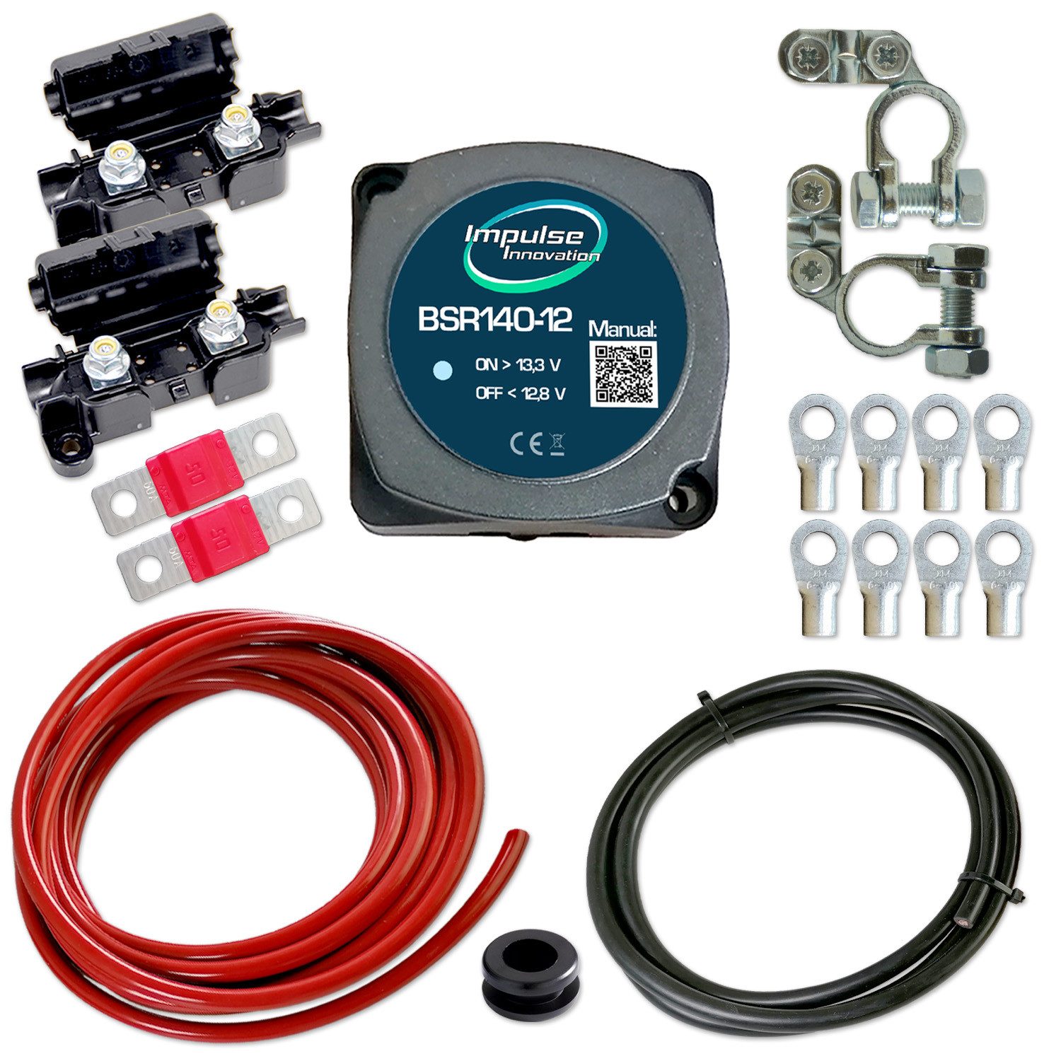 Impulse Innovation Batterie-Trennrelais Zweitbatterieset 12V 140A BSR140-12 + 6m Kabel & Halter 10mm²