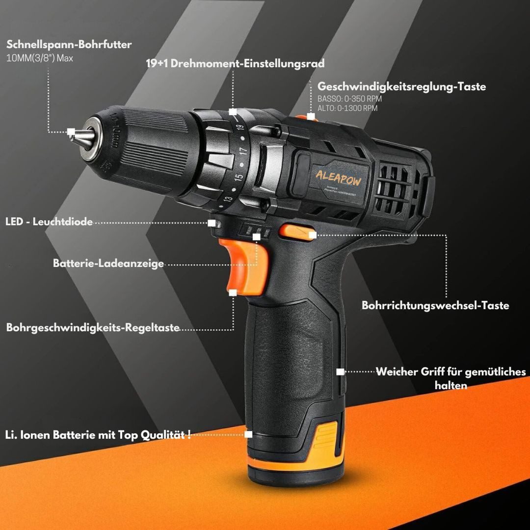 Aleapow Akku-Schrauber, 1350,00 U/min, 30,00 Nm, (12V Bohrschrauber, 24-tlg., 2-Gang-Getriebe, Schnellladung, LED-Licht), 12V Bohrschrauber, 30Nm, 19+1 Einstellungen