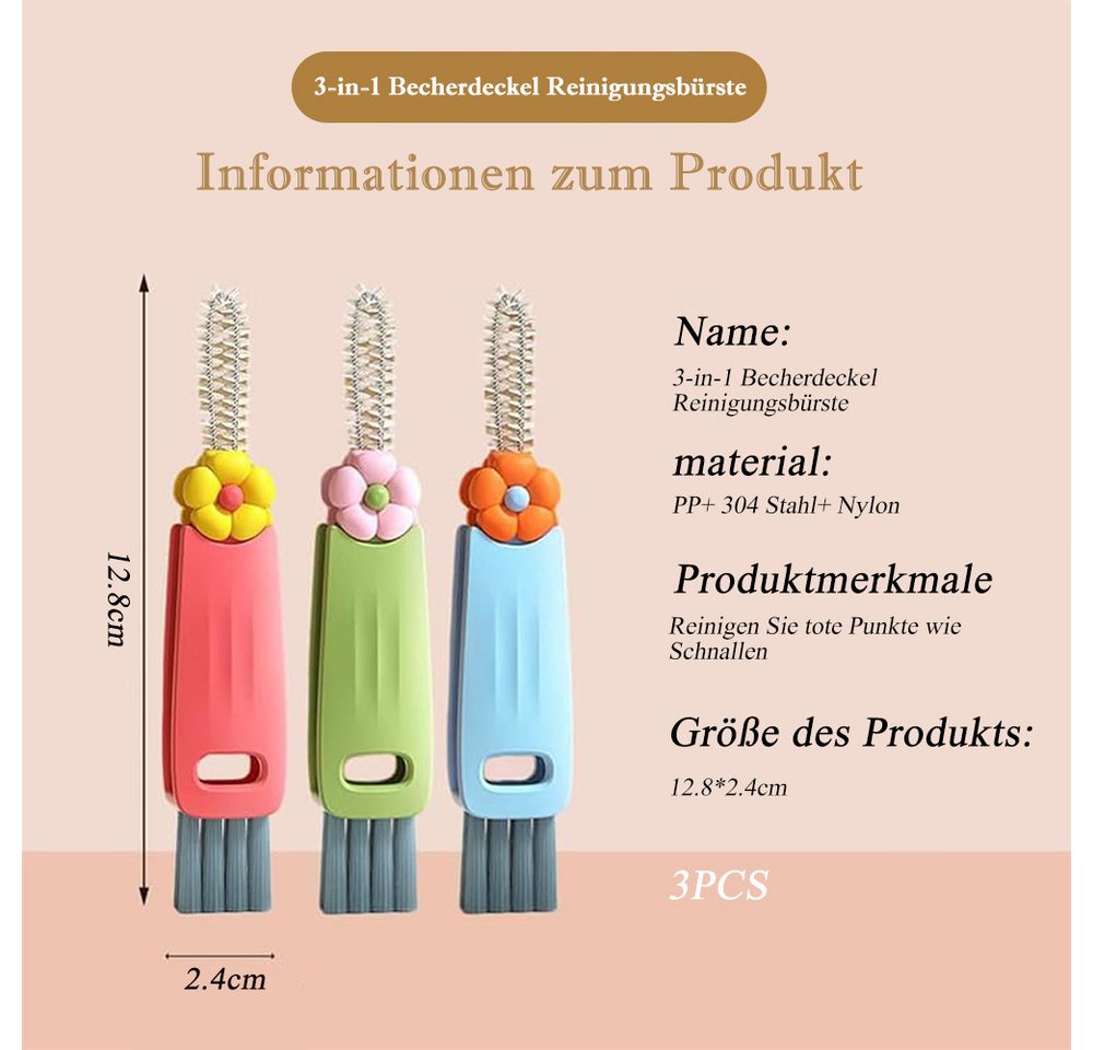 Thumbnail - NUODWELL Reinigungsbürsten-Set 3 Stück Flaschendeckel Bürste,3 in 1 Flaschenverschluss Detailpinsel, Mehrzweck Reinigung...