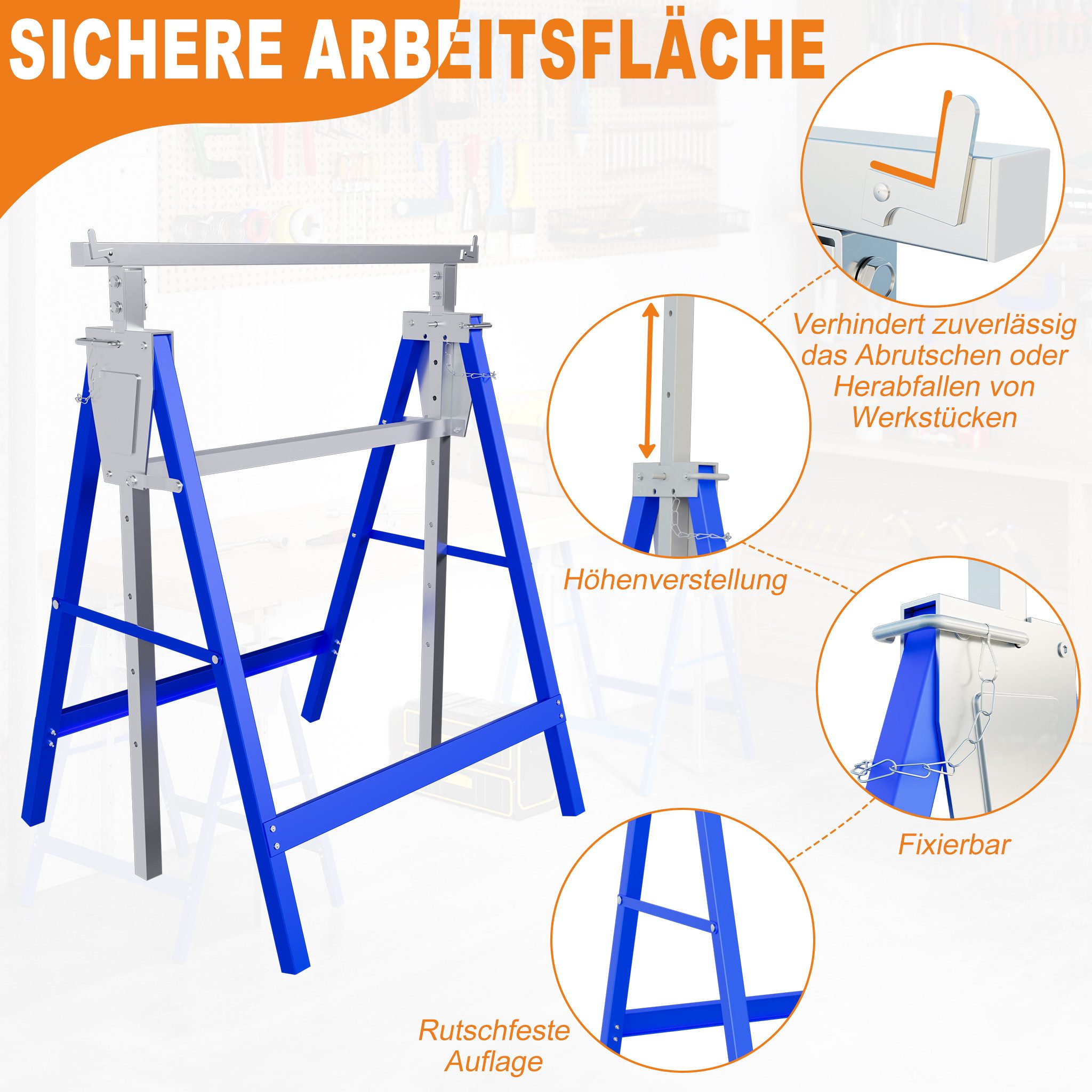 FIVMEN Gerüst Gerüstbock mit 7-fach höhenverstellbar 80-130 cm Arbeitsbock, (4 St), Zusammenklappbar Werkzeughalter Unterstellbock – Bild 5 von 5