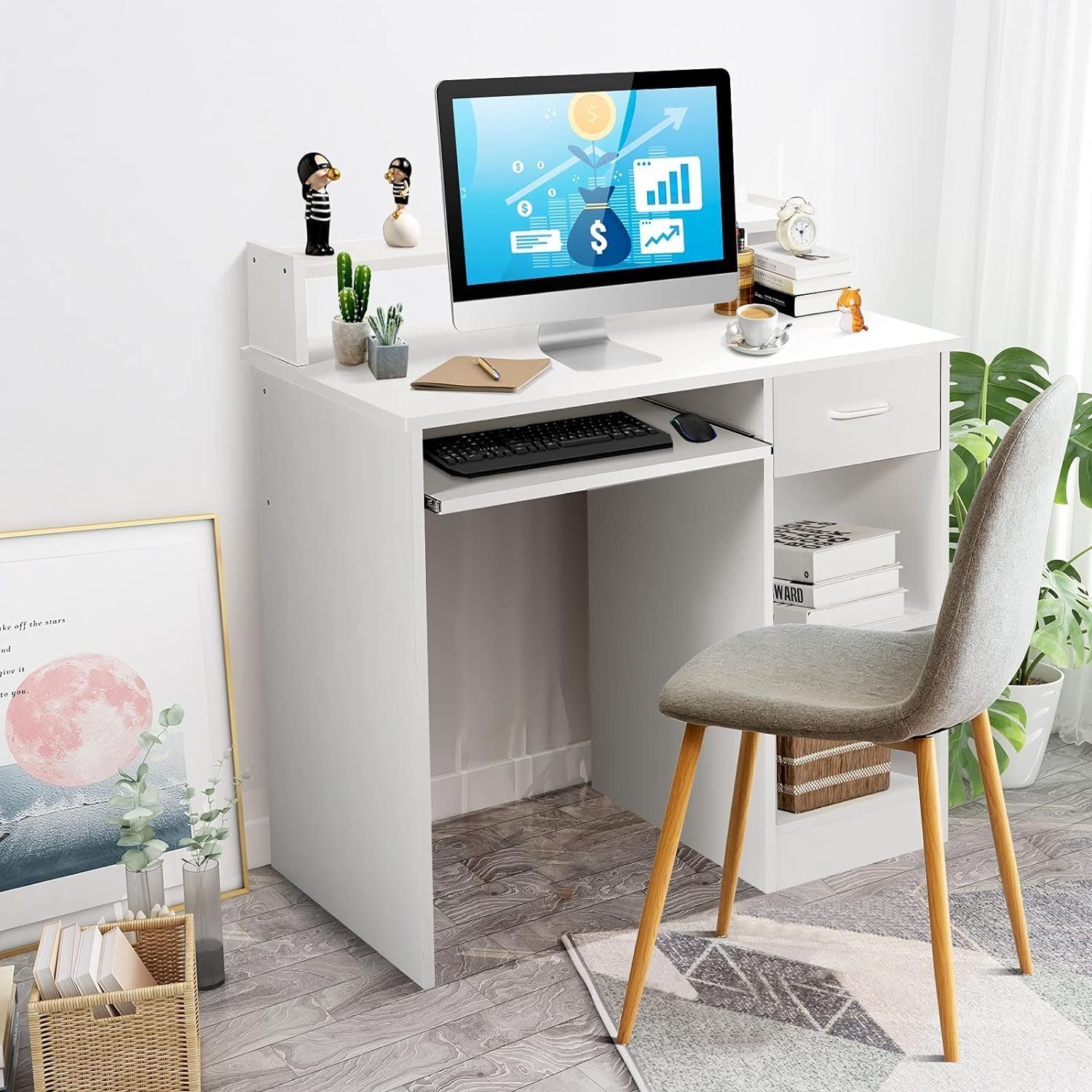 KOMFOTTEU Schreibtisch Arbeitstisch, mit Tastaturauszug, für Home Office weiß