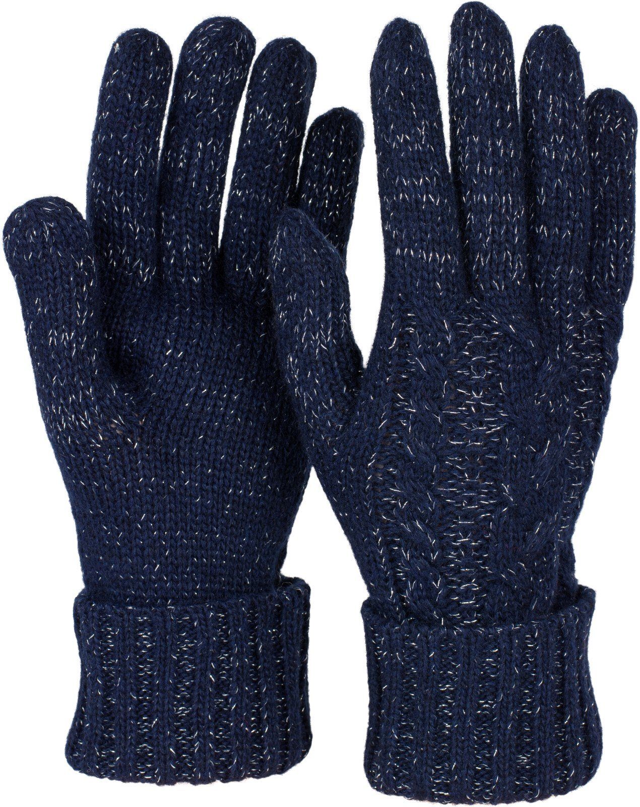 styleBREAKER Strickhandschuhe Strick Handschuhe mit Zopfmuster und Metallic Faden Dunkelblau