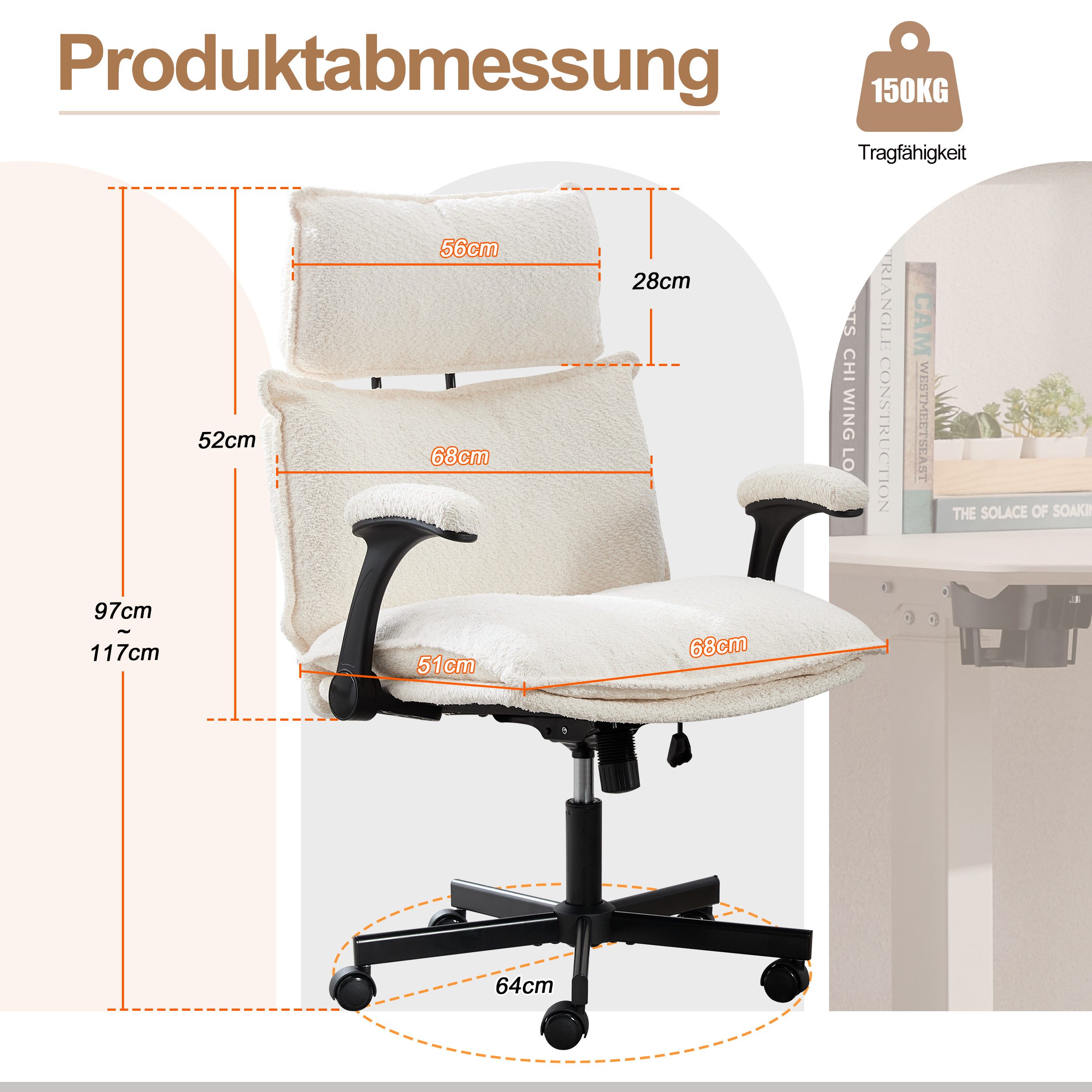 UEV Bürostuhl UEV Bürostuhl Ergonomisch Grau/Beige (Ergonomisch, Gaming-Stuhl, Drehstuhl, Schreibtischstuhl Plüsch), 360°Drehung, bis 150 kg belastbar, neigbar  – Bild 5 von 5