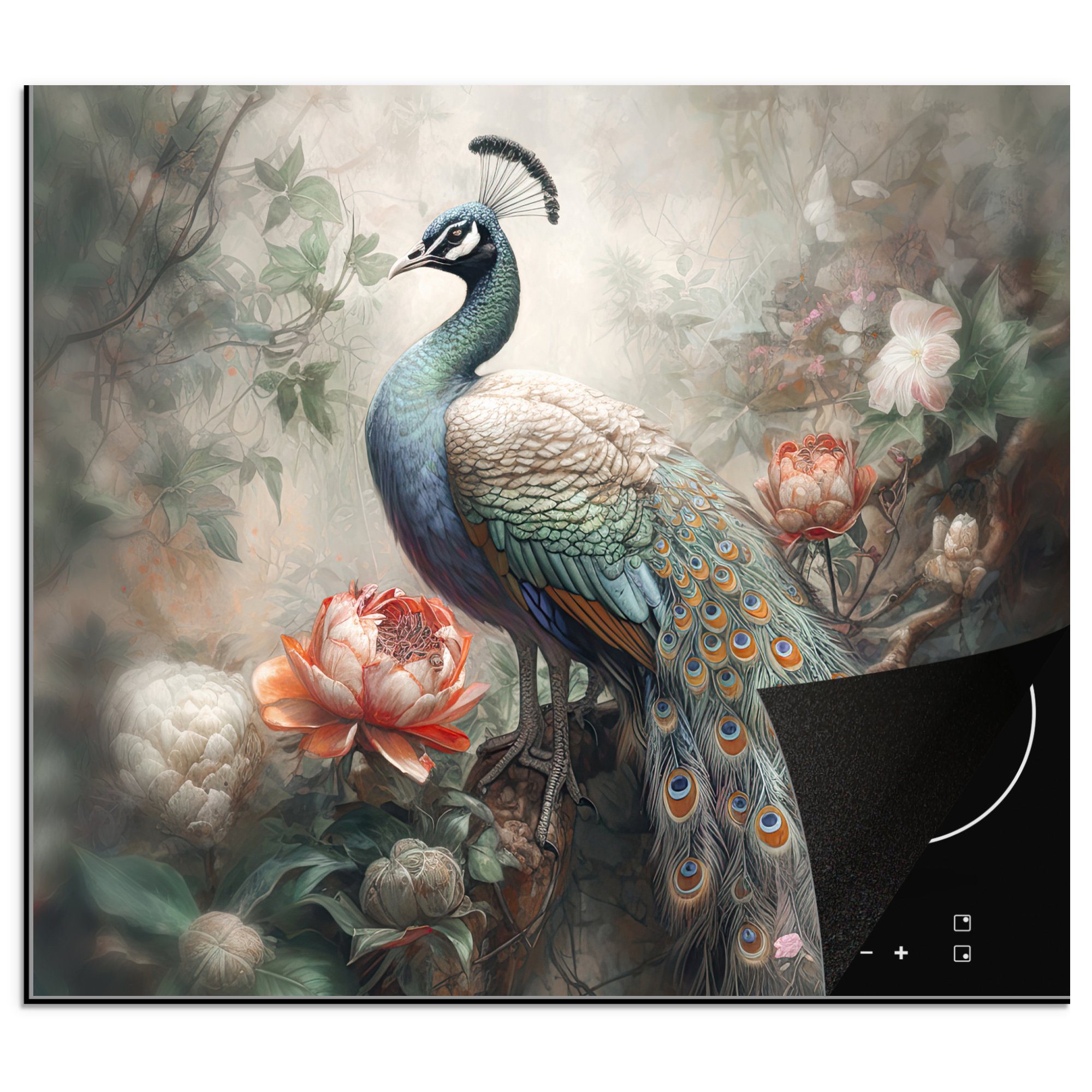 MuchoWow Herdblende-/Abdeckplatte Pfau - Pfauenfedern - Vogel - Dschungel - Blumen, Vinyl, (1 tlg), 60x52 cm, Mobile Arbeitsfläche nutzbar, Ceranfeldabdeckung