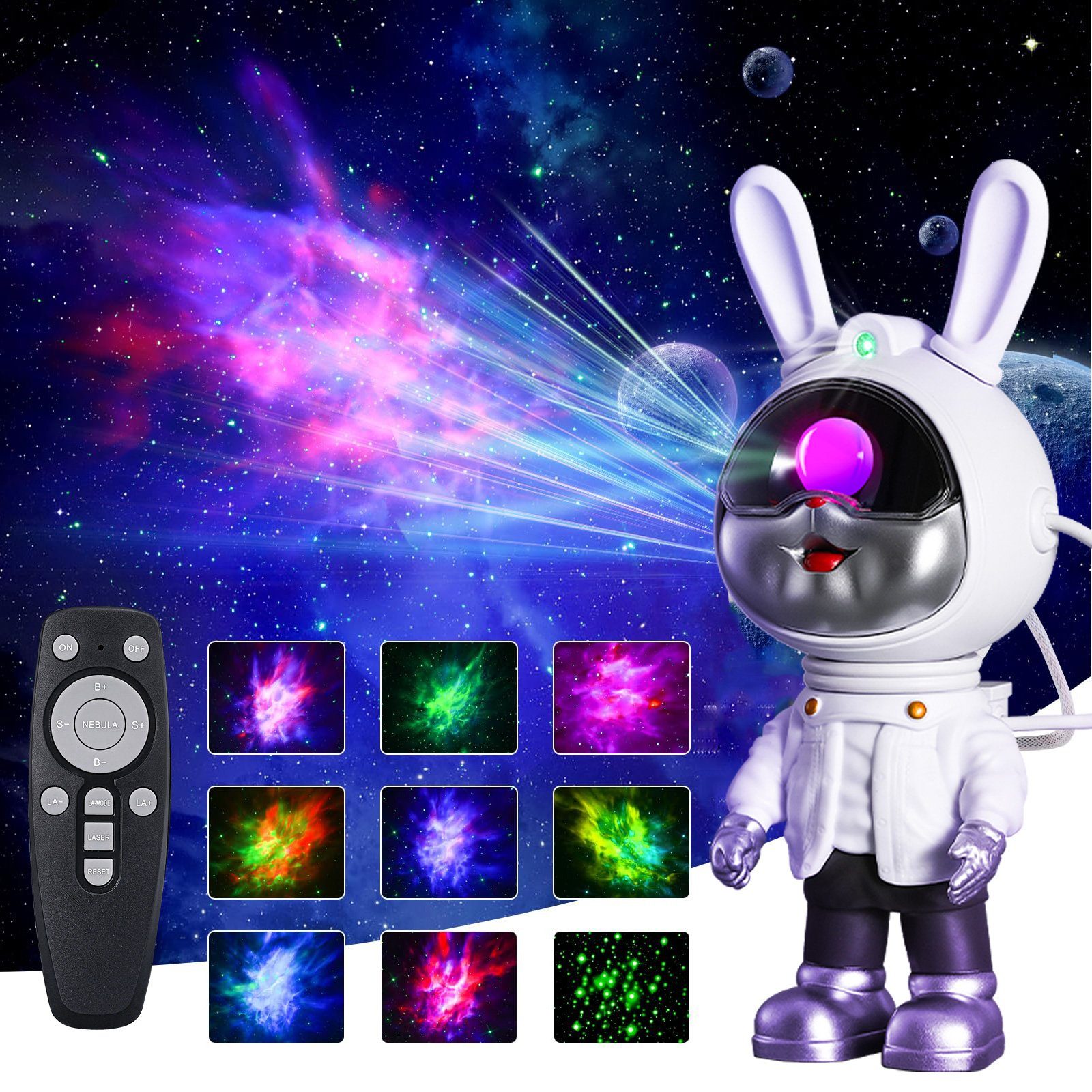 MUPOO LED Nachtlicht LED Sternenhimmel Nachttischlampe Astronaut Projektor USB Nachtlicht, Hasen-Astronaut 360° Verstellbares, Led Projektor Projektionslampe Fernbedienung,Kinder Zimmer Dekor