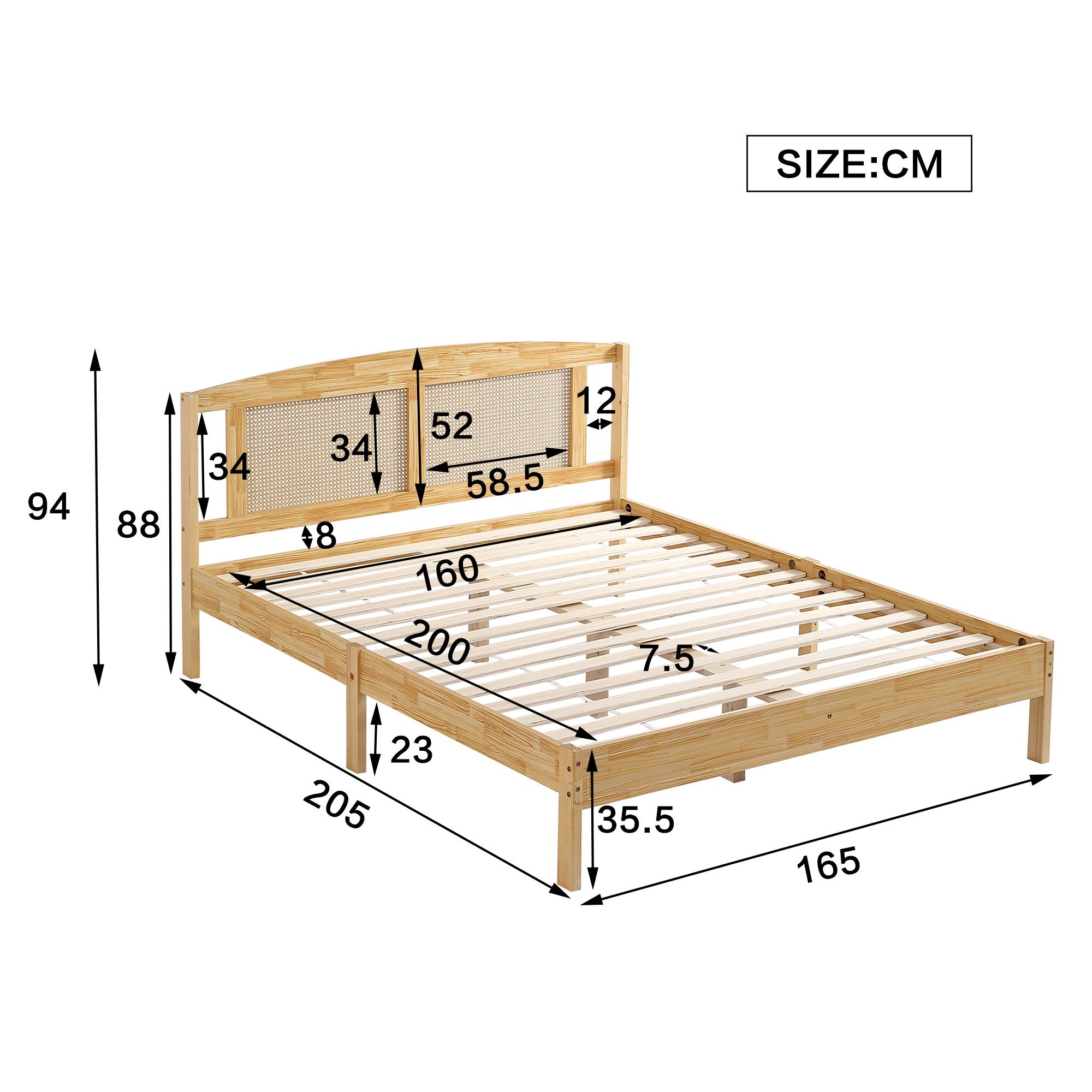 OKWISH Wooden Bed Adult Bed 160x200 cm in Pine & Rattan Look (Adult bed made of pine wood and plastic rattan, in a warm natural tone for a relaxed living atmosphere), Mattress not included – basis for individual sleeping comfort