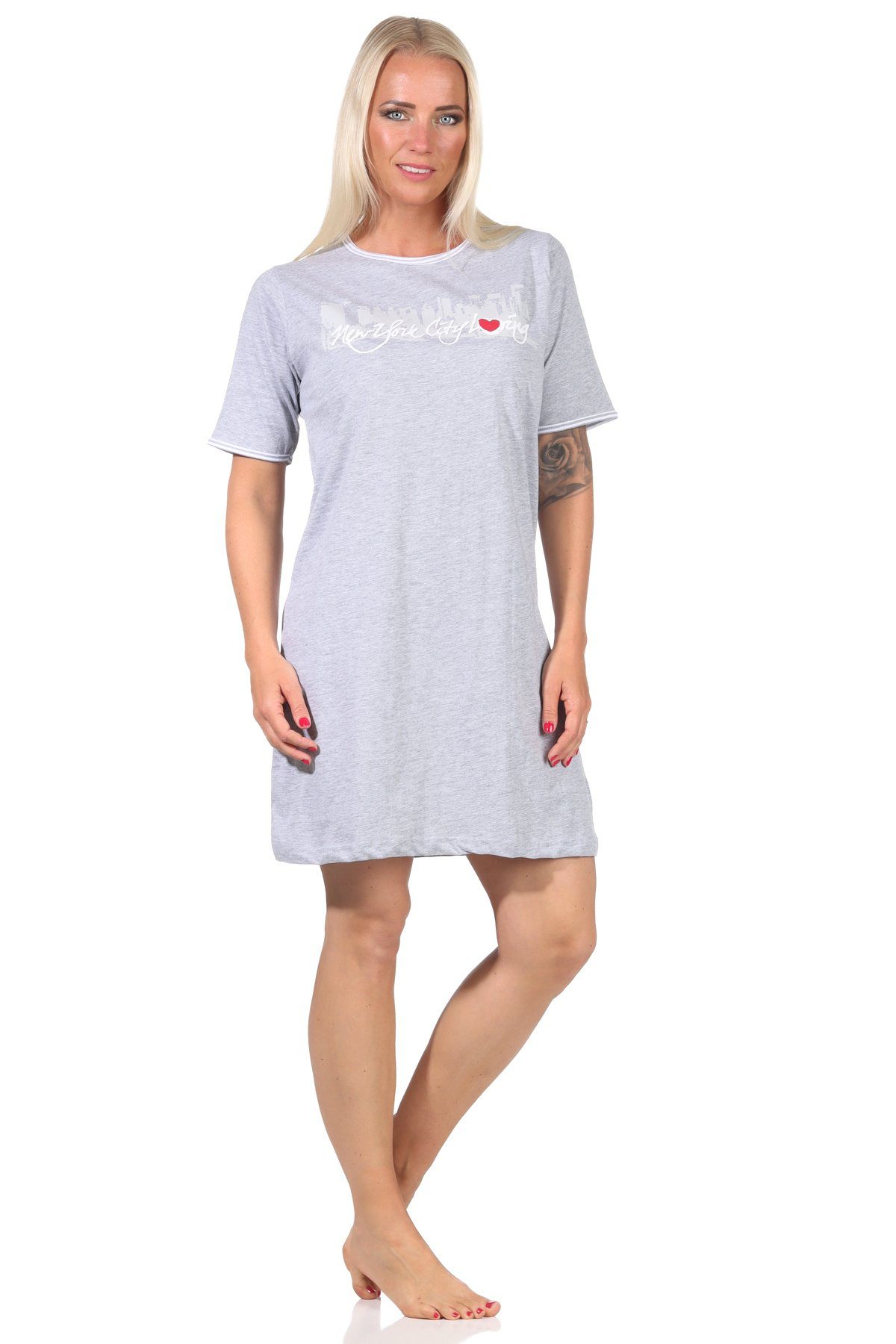 kurzarm Front-Print "New York Damen mit Loving" City Normann grau-melange Nachthemd Nachthemd