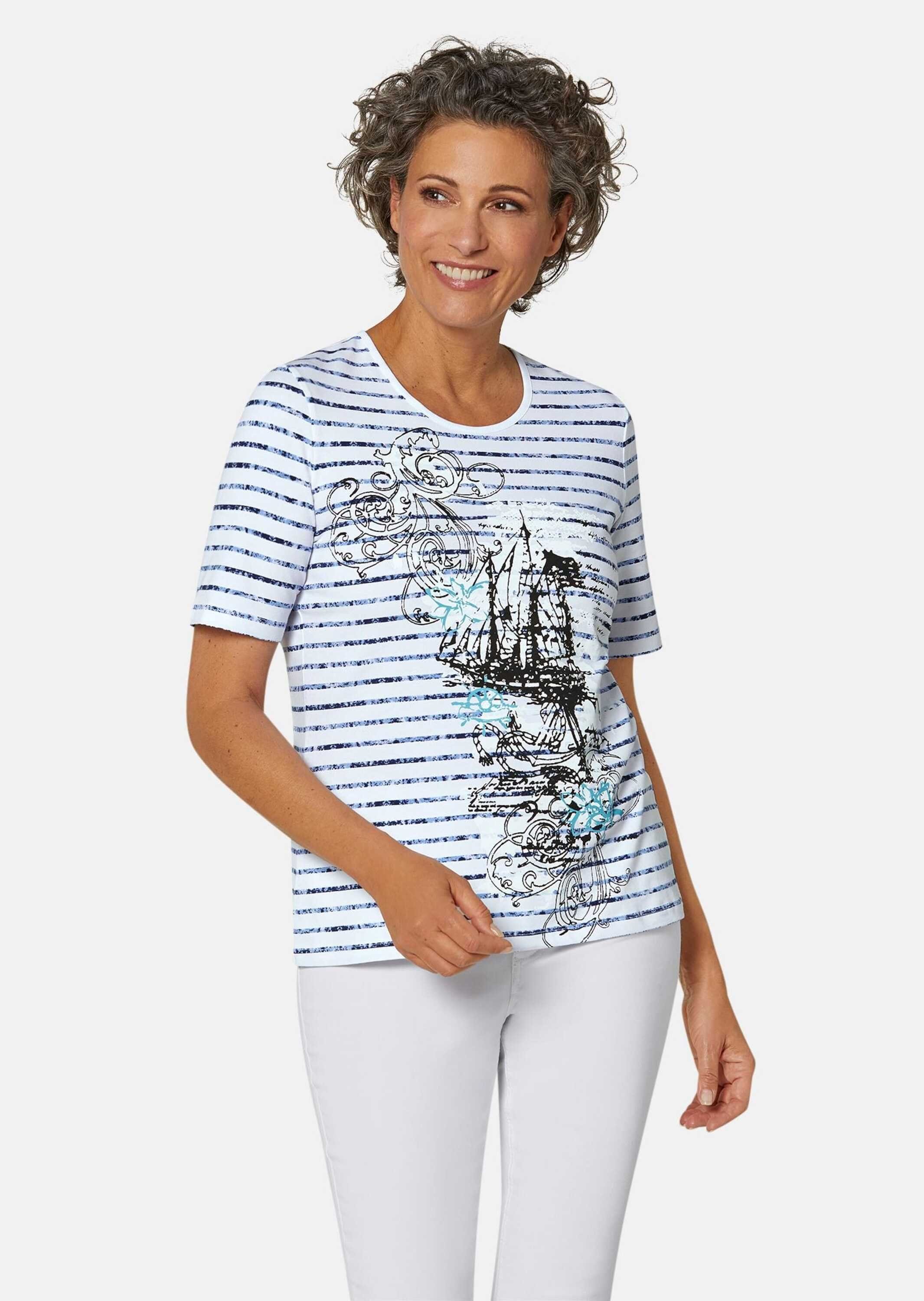 Print-Shirt Kurzgröße: Ringelshirt GOLDNER marine mit Motiv weiß aufregendem /