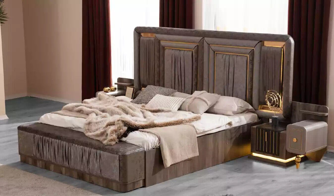 JVmoebel Schlafzimmer-Set Garnitur Doppelbett Grau Nachttische Schlafzimmer Bett Set Luxus, (4-St., Bett/Bank/2x Nachttische), Made in Europa