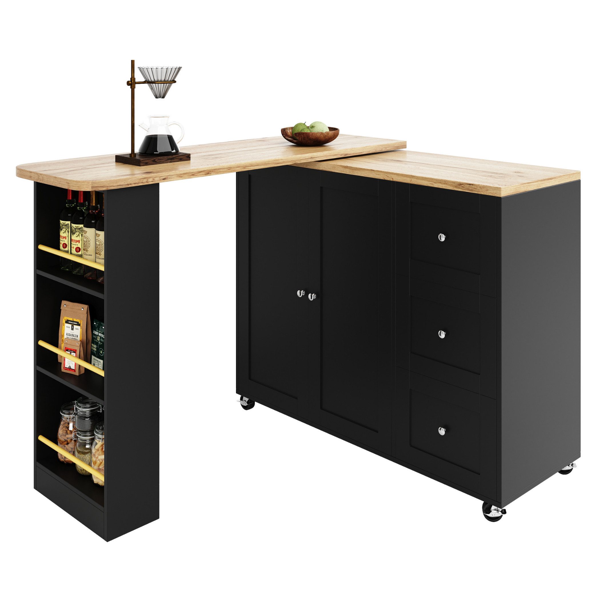 SeedWave Bartisch mit 360°-Drehfunktion und Aufbewahrungsmöglichkeiten,138-209x39x104 cm, Bartisch mit silbernen Griffen und feststellbaren Rollen ausgestattet