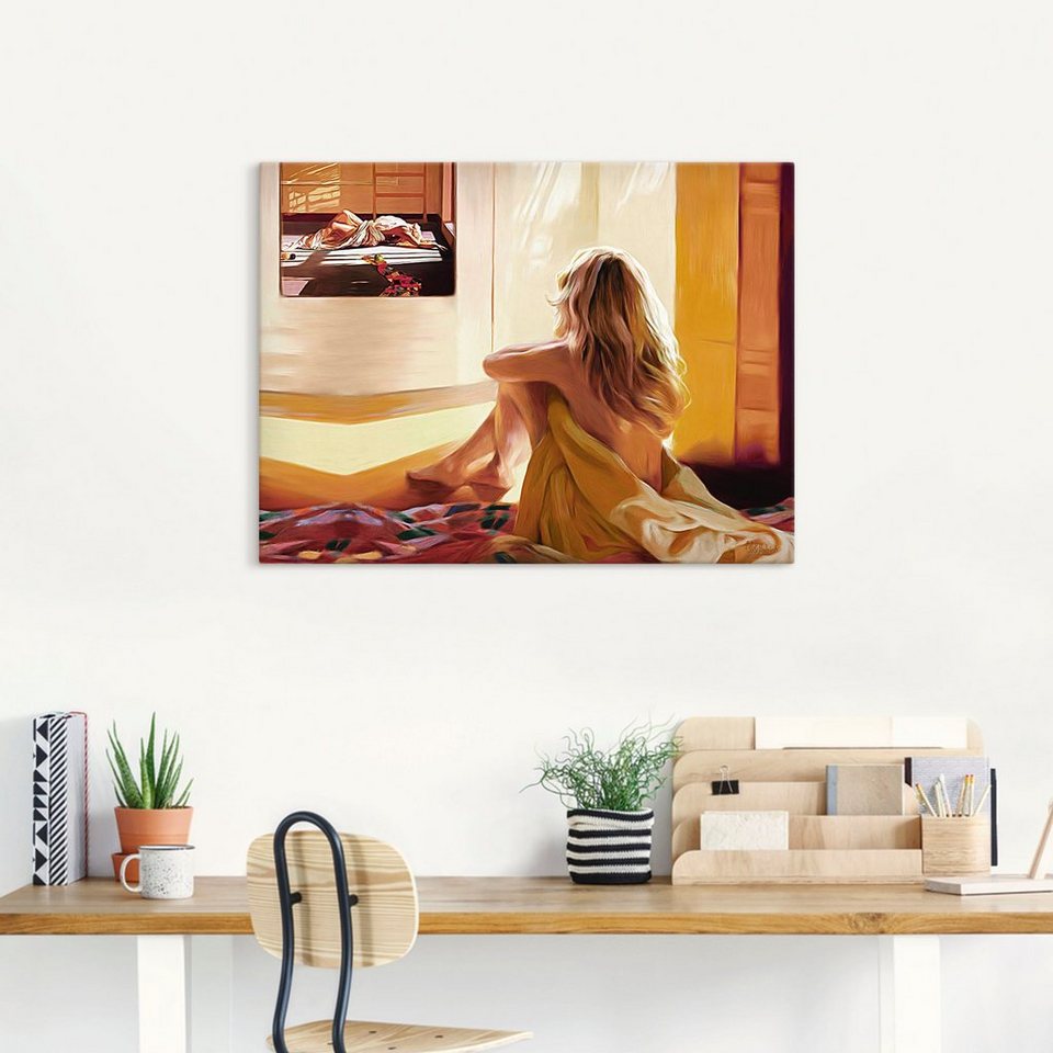 Artland Wandbild Blondes Mädchen sitzt auf dem Bett, Bilder von Frauen (1 St),  als Alubild, Leinwandbild, Wandaufkleber oder Poster in versch. Größen