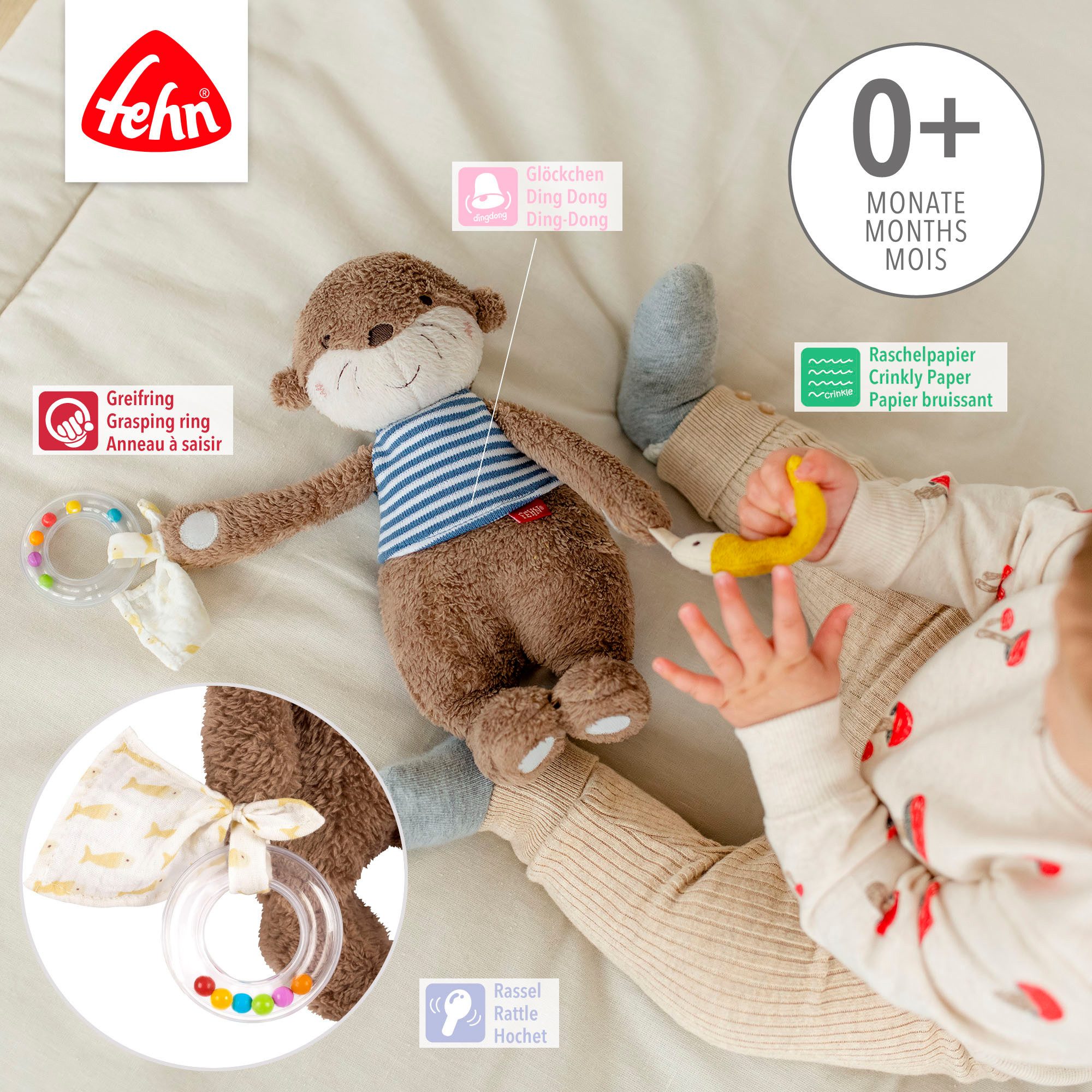 Fehn Greifspielzeug Otter Theo, Activity-Otter, zur Befestigung an Kinderwagen, Babyschale oder Bett
