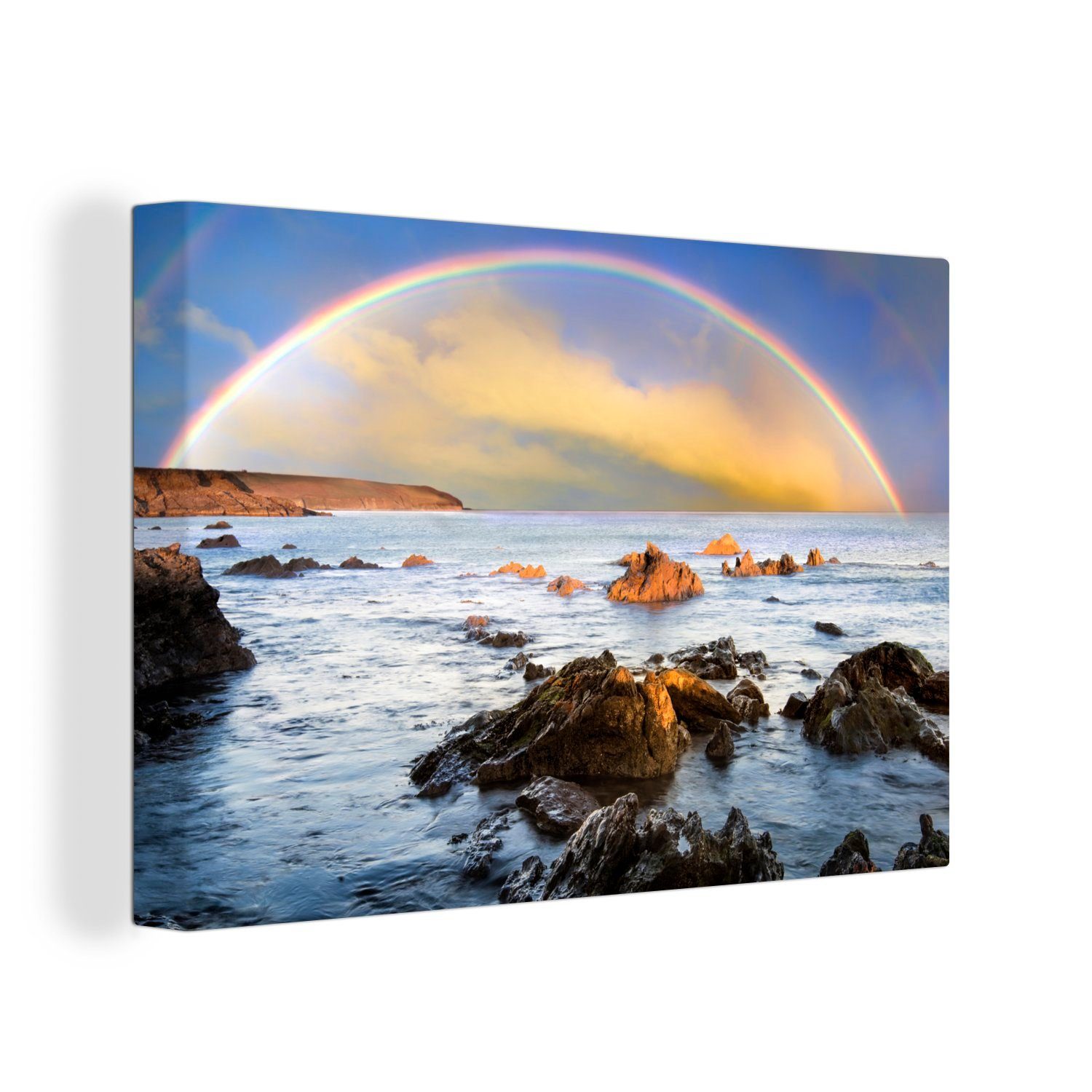 OneMillionCanvasses® Leinwandbild Die irische Küste unter einem vollen Regenbogen, (1 St), Wandbild Leinwandbilder, Aufhängefertig, Wanddeko, 30x20 cm