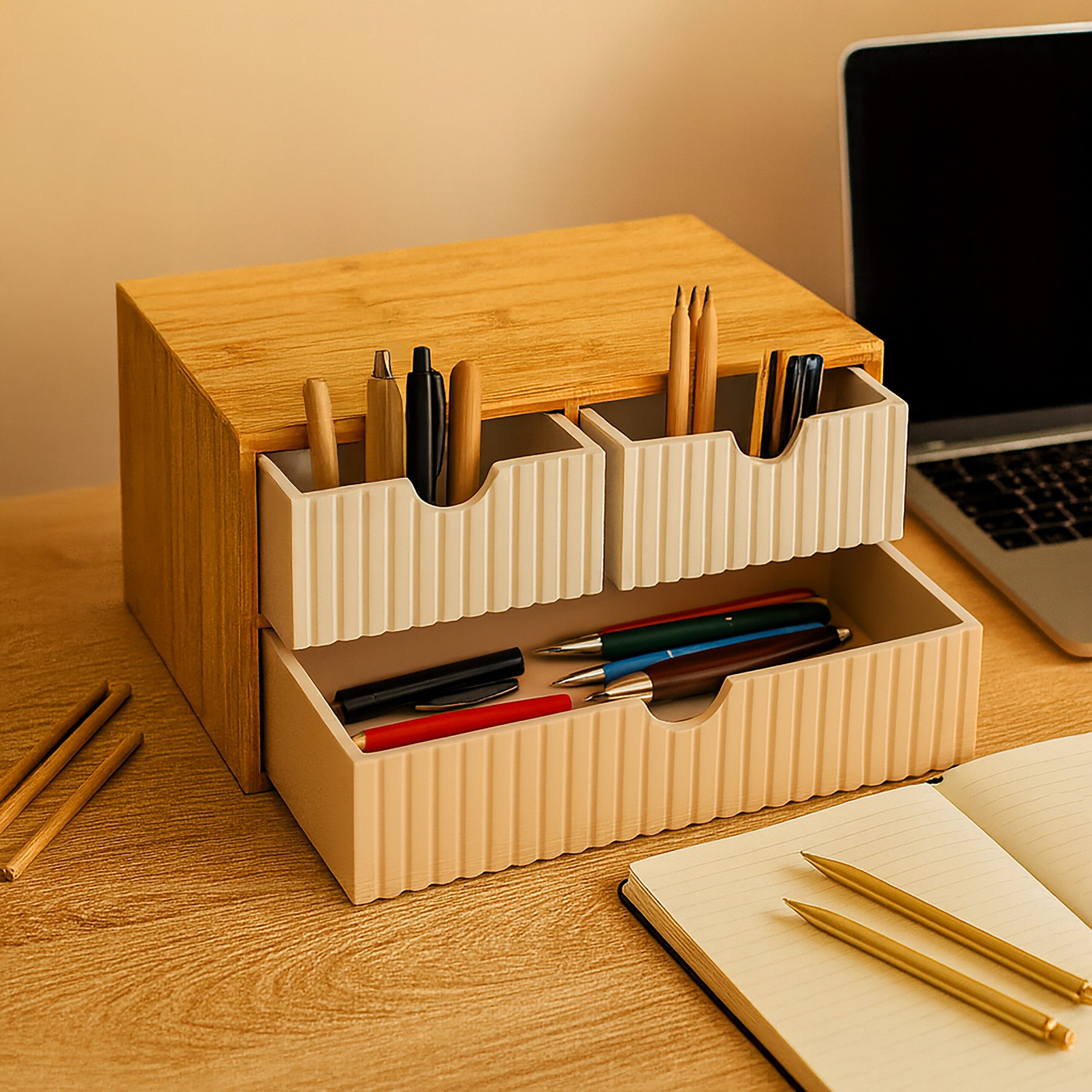 relaxdays Organizer Schubladenbox Bambus geriffelt, Weiß-Rosa