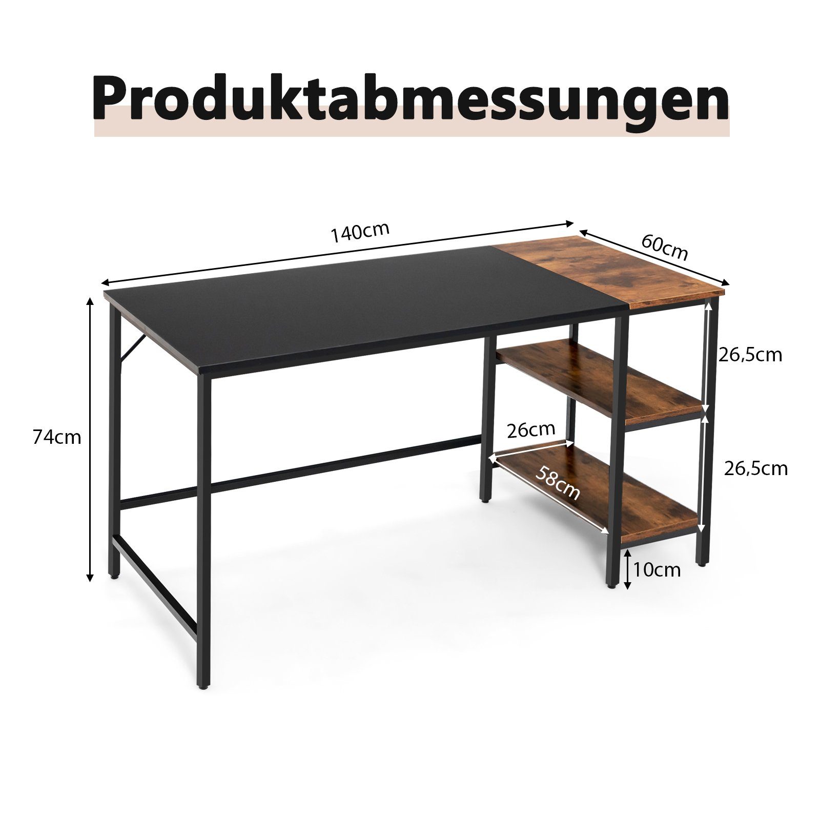 COSTWAY Schreibtisch, mit 2-stufiger Regale, Braun, 140cm zweifarbig, lang Schwarz