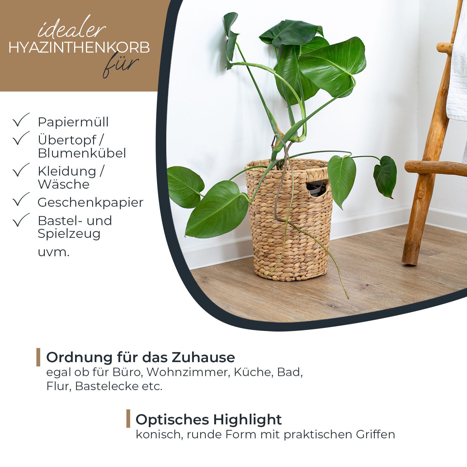 HMF Papierkorb Papierkorb Büro, Aufbewahrungskorb geflochten aus, Wasserhyazinthe Rund 25 cm Durchmesser x H: 30 cm