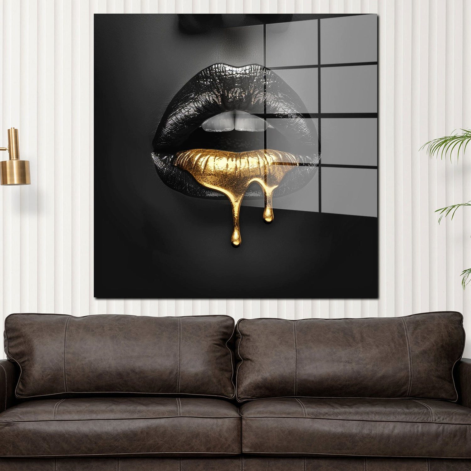Artedinoi Acrylglasbild Schwarze Lippen mit Goldtropfen Acrylglas Wandbild Bild Wanddeko XL