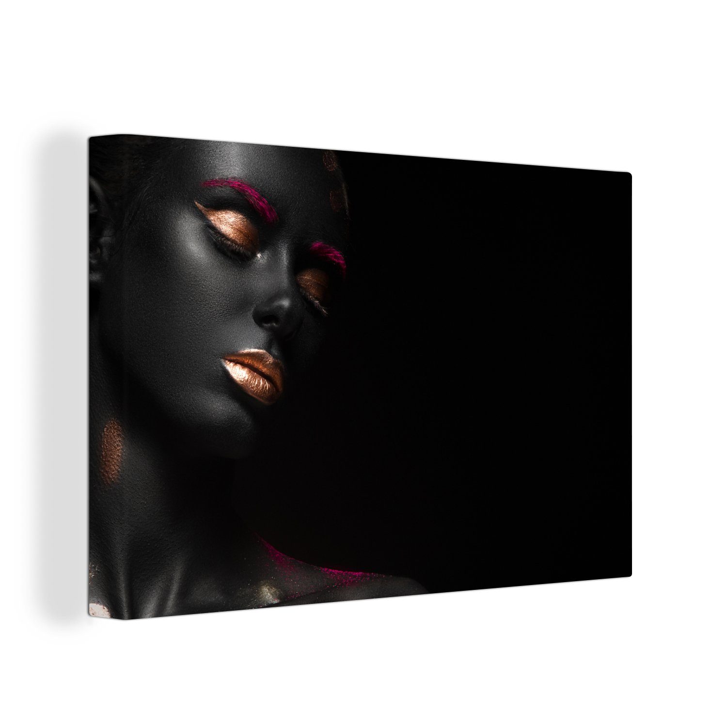 OneMillionCanvasses® Leinwandbild Schwarz 30x20 - Aufhängefertig, (1 St), Wanddeko, - cm Leinwandbilder, Gold, Frau Wandbild