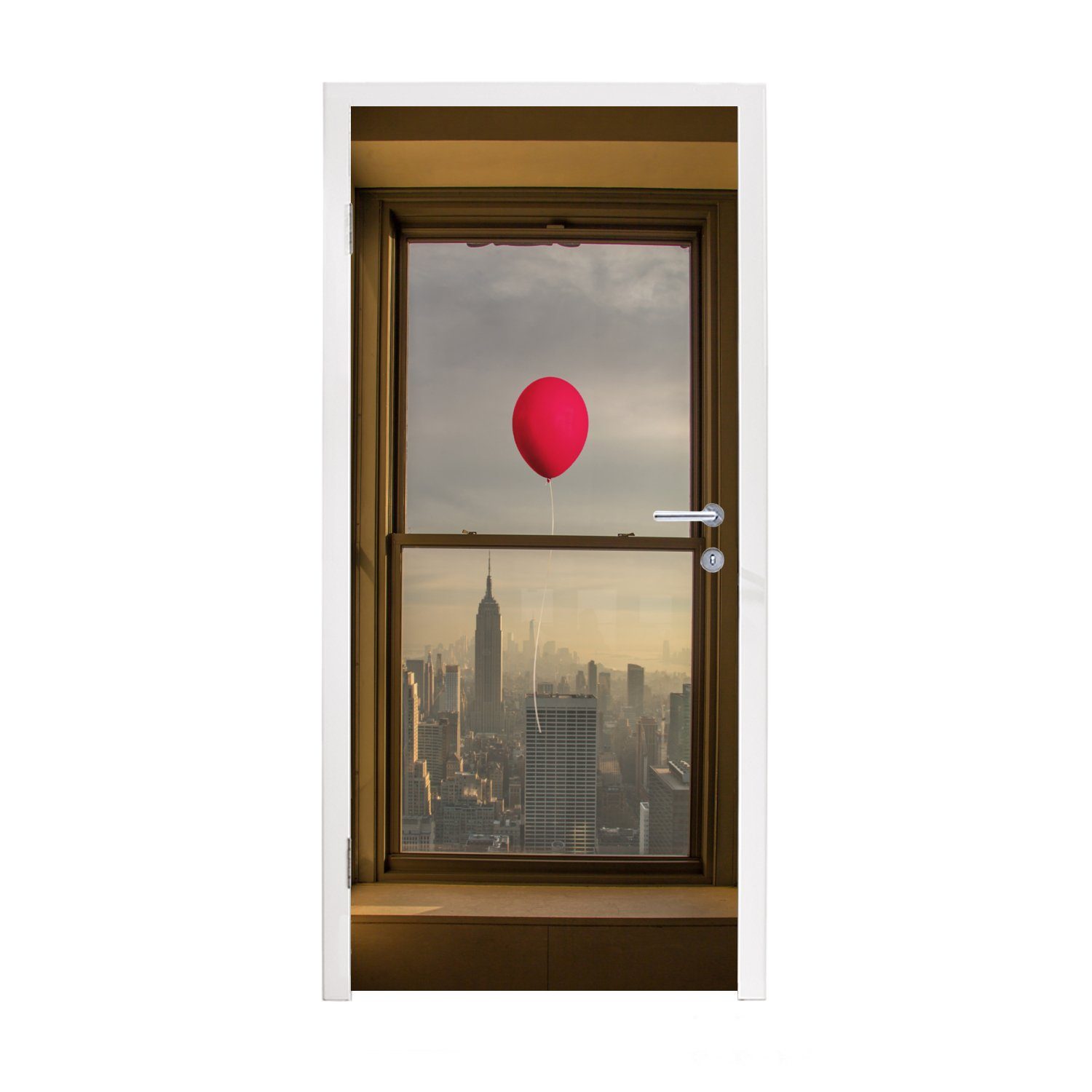 MuchoWow Türtapete Roter Ballon fliegt an Fenster in New York vorbei, Matt, bedruckt, (1 St), Fototapete für Tür, Türaufkleber, 75x205 cm