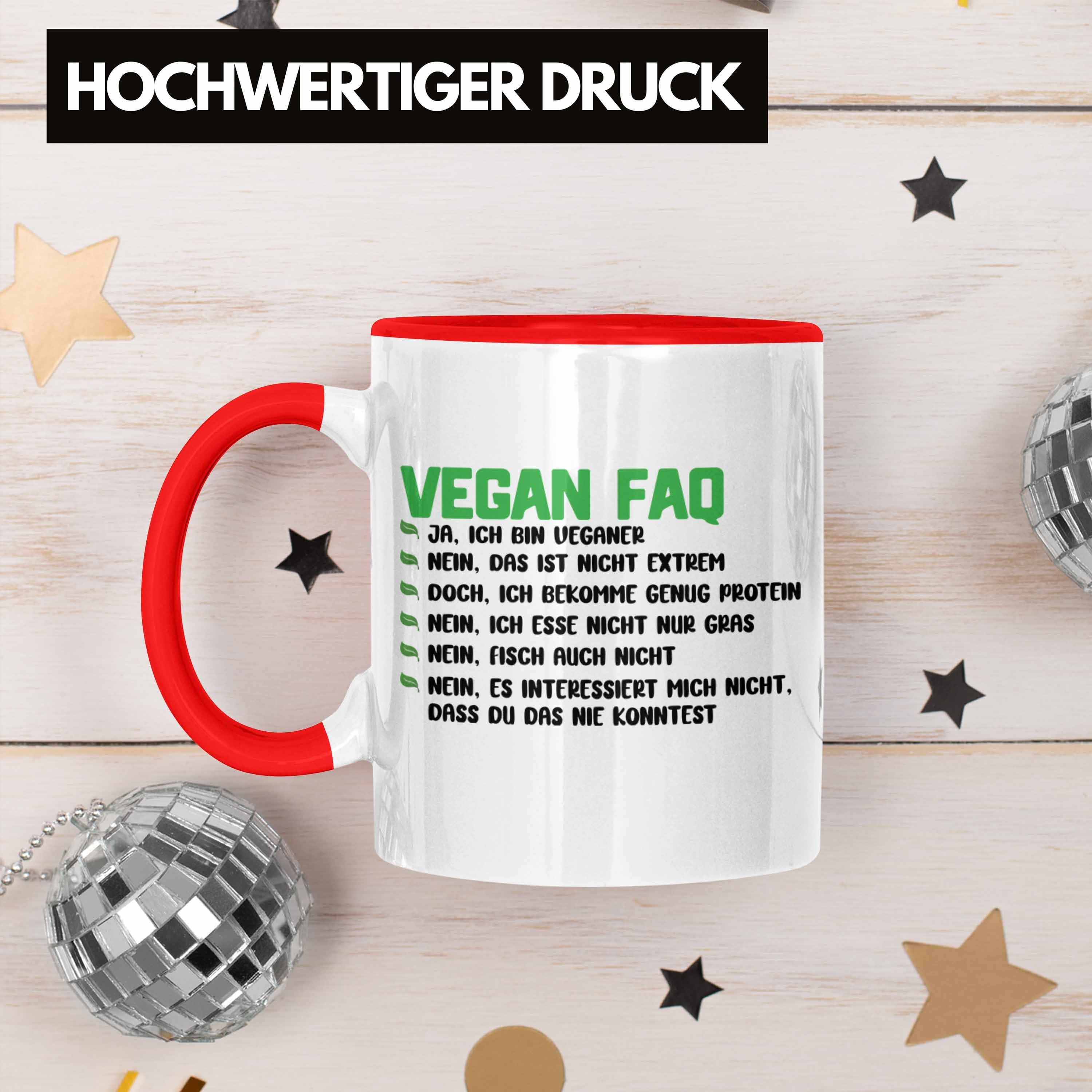 Trendation Tasse Rot Vegan Vegane - Lustiger FAQ Geschenk Tasse Lebensweise Spruch Geschenkidee Veganer Trendation