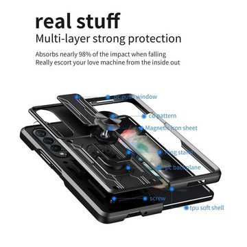 Wigento Handyhülle Für Samsung Galaxy Z Fold4 5G Magnet Ring Vollschutz Kunststoff Hart Cover Handy Tasche Hülle Etuis Grau