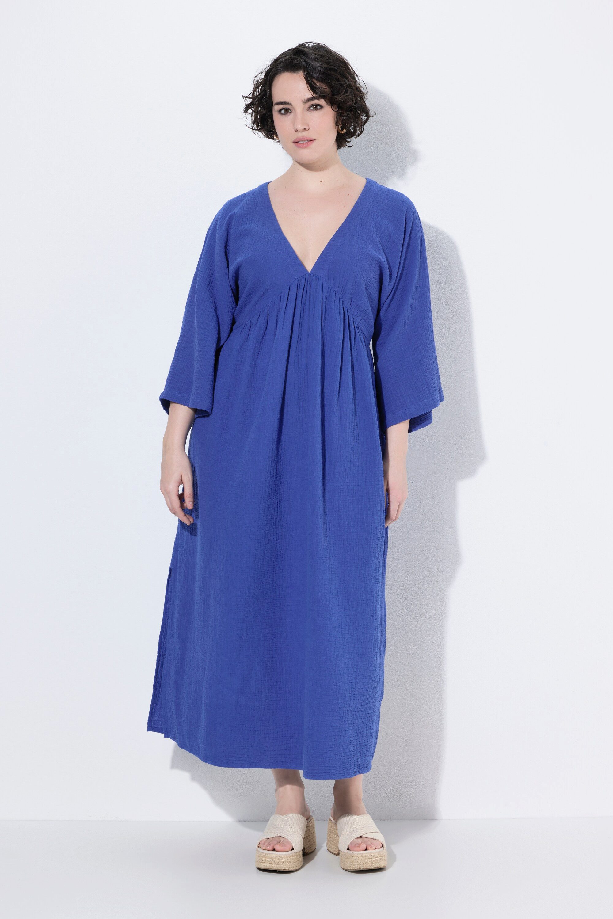 Ulla Popken Maxikleid Maxikleid Musselin A-Linie V-Ausschnitt 3/4-Arm