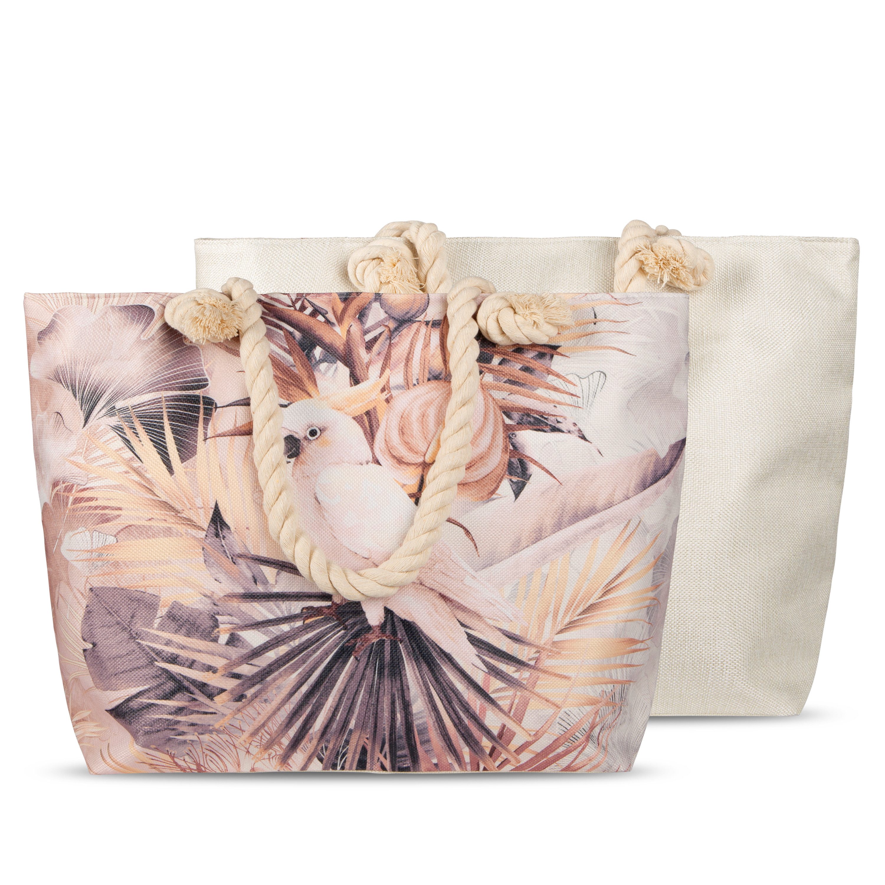 Descanso Freizeittasche Tasche 43x60 cm Gewebtes Polyester Pippa Blätter und ein Papagei natu (Spar-Set, 1-tlg., Set), 1 x Tasche Descanso 43x60 cm natur