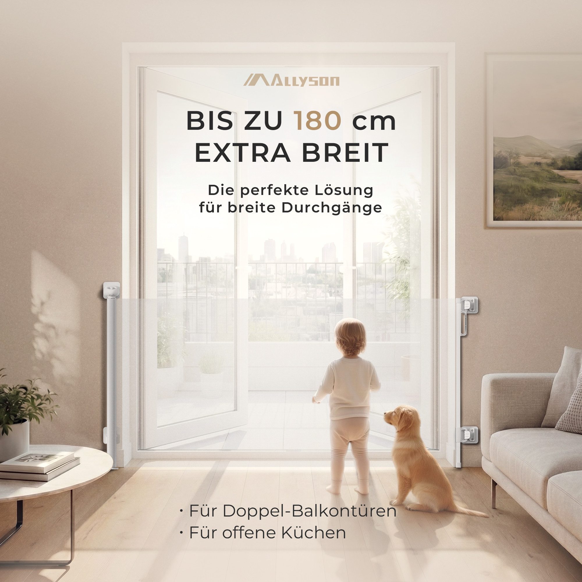 Allyson Treppenschutzgitter Türschutzgitter Ausziehbar, Tür & Treppengitter für Kinder & Haustiere (Inklusive Befestigungsmaterial für zwei unterschiedliche Positionen), Platzsparend ausziehbar bis 180cm, robustes PVC-Netz für Kind & Hund
