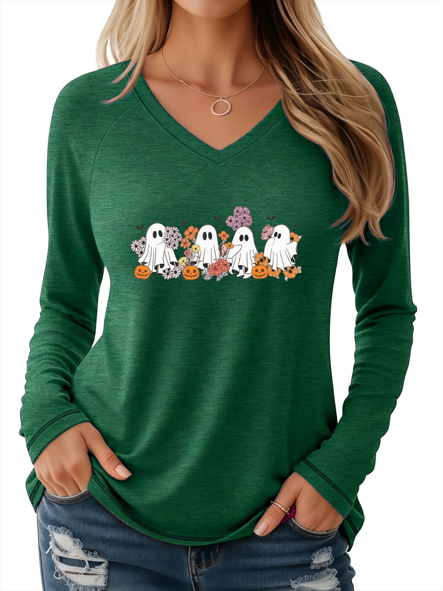 PYLIKE Print-Shirt Damen Halloween Langarm mit Geist Druck bequemes V-Shirt Halloween Special Feiertag tragen