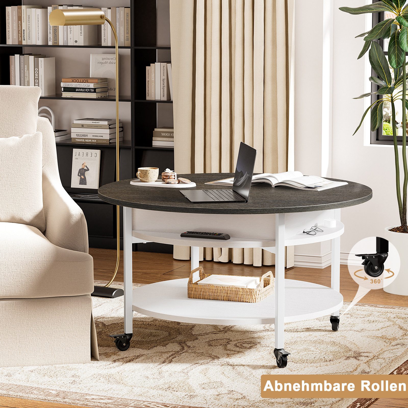 FABATO Couchtisch Runder Couchtisch mit Höhenverstellung, Rädern und Staufach (1-St), ideal für Wohnzimmer, in Weiß