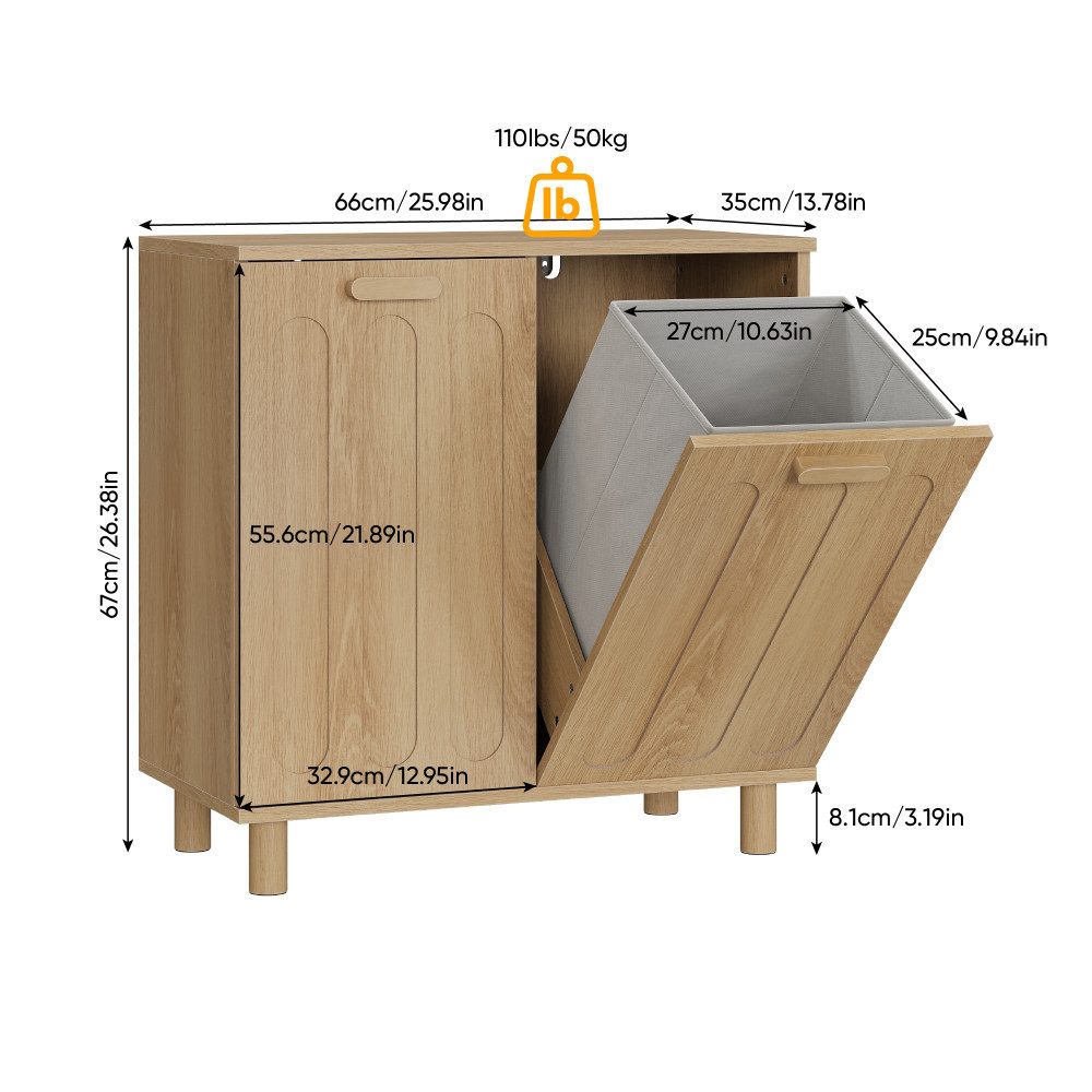 BBWL Wäschekorb Wäschekorb-Schrank 66 x 35 x 67 cm, 2 herausnehmbare Stoffkörbe, kippbar, Wäschesortierer mit Tragegriffen und Kippschutz – Bild 3 von 5