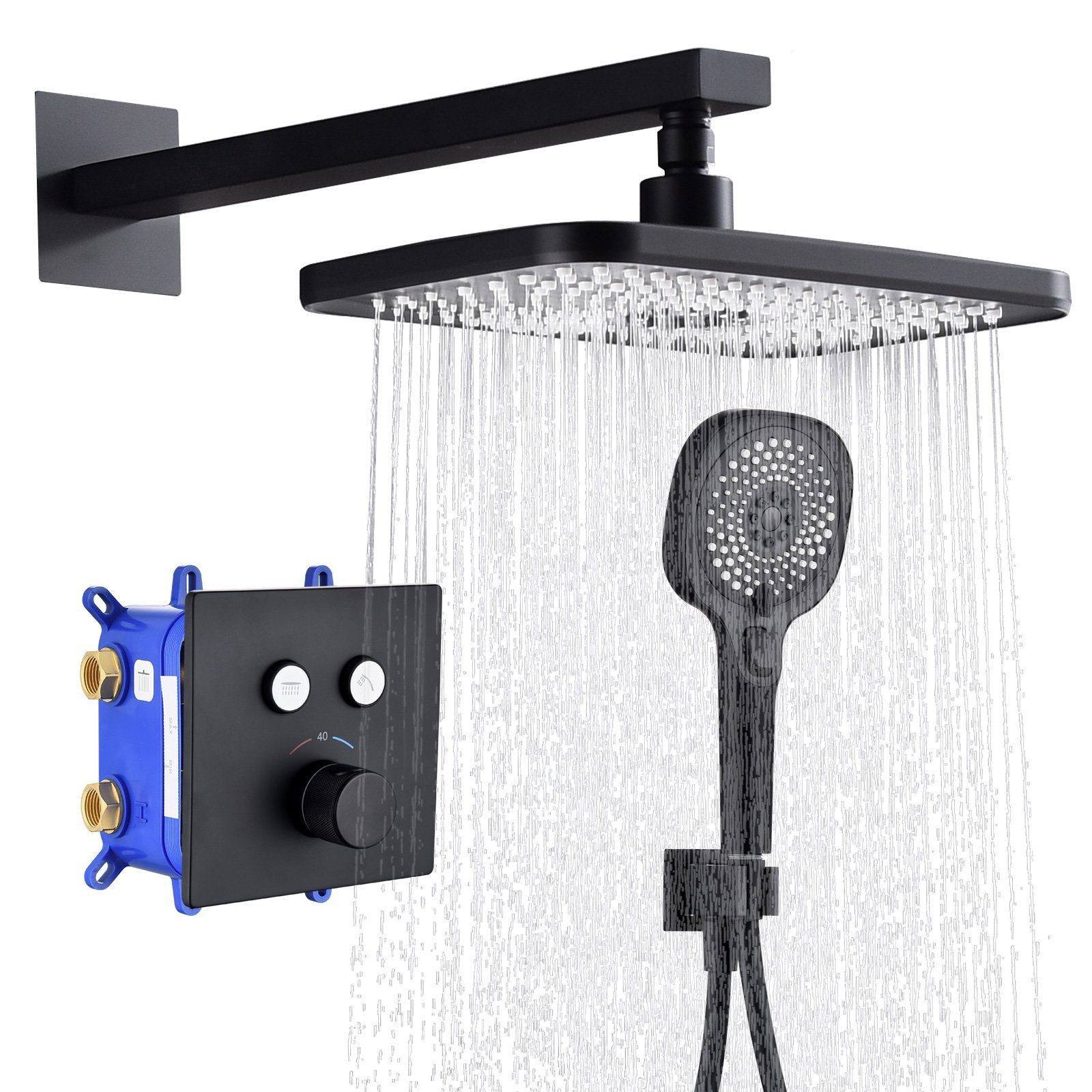 HOMELODY Duschsystem Schwarz Unterputz Duschsystem mit Thermostat 40℃ Messingkörper, 3 Strahlart(en), Regendusche inkl.Übergroßer Kopfbrause Handbrause mit 3 Funktionen
