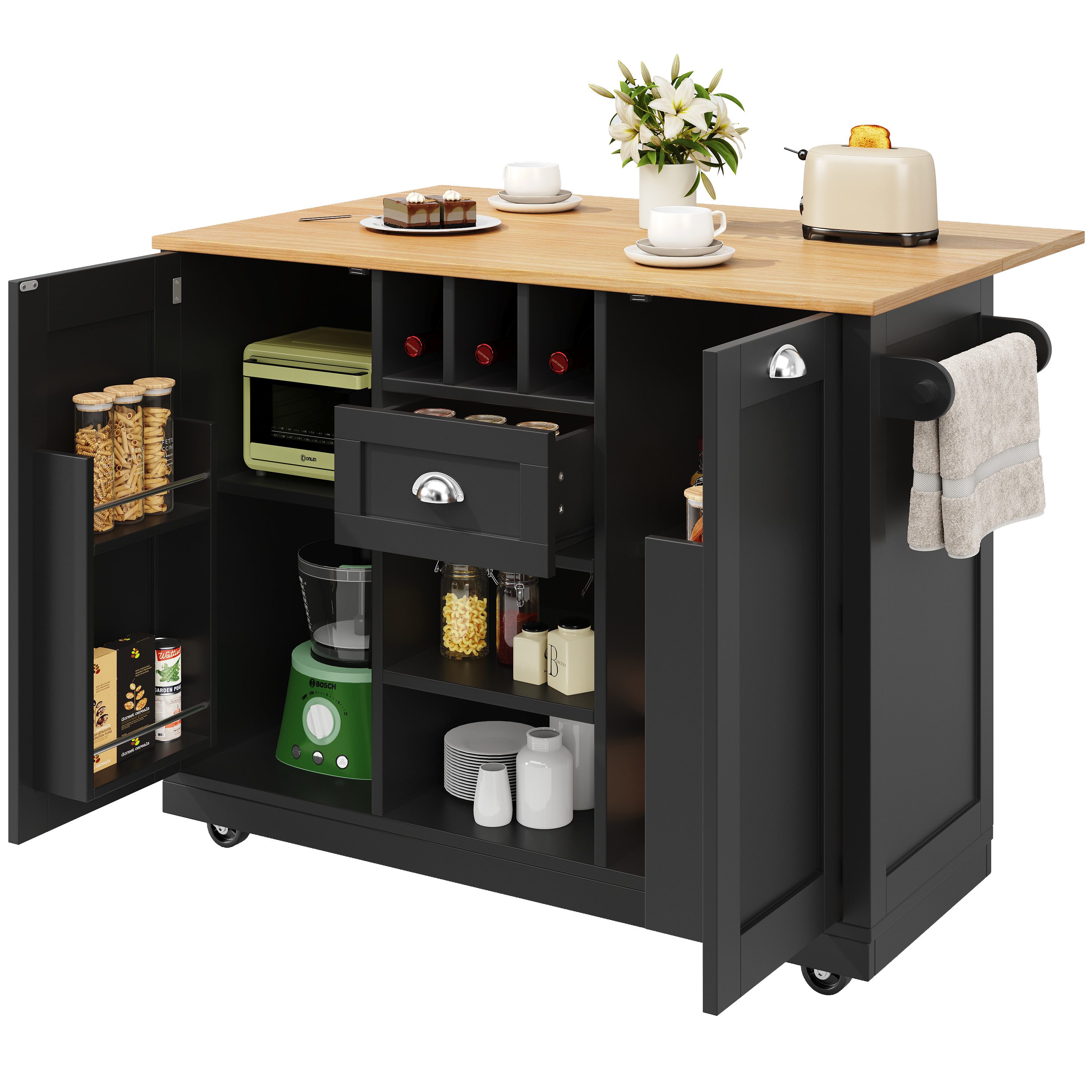 i@home Küchenwagen Kücheninsel, Esszimmerwagen, Buffetschrank, schwarz, mit Holzmaserung, Handtuchhalter, Weinregal, 140 x 70(40) x 93,5 cm