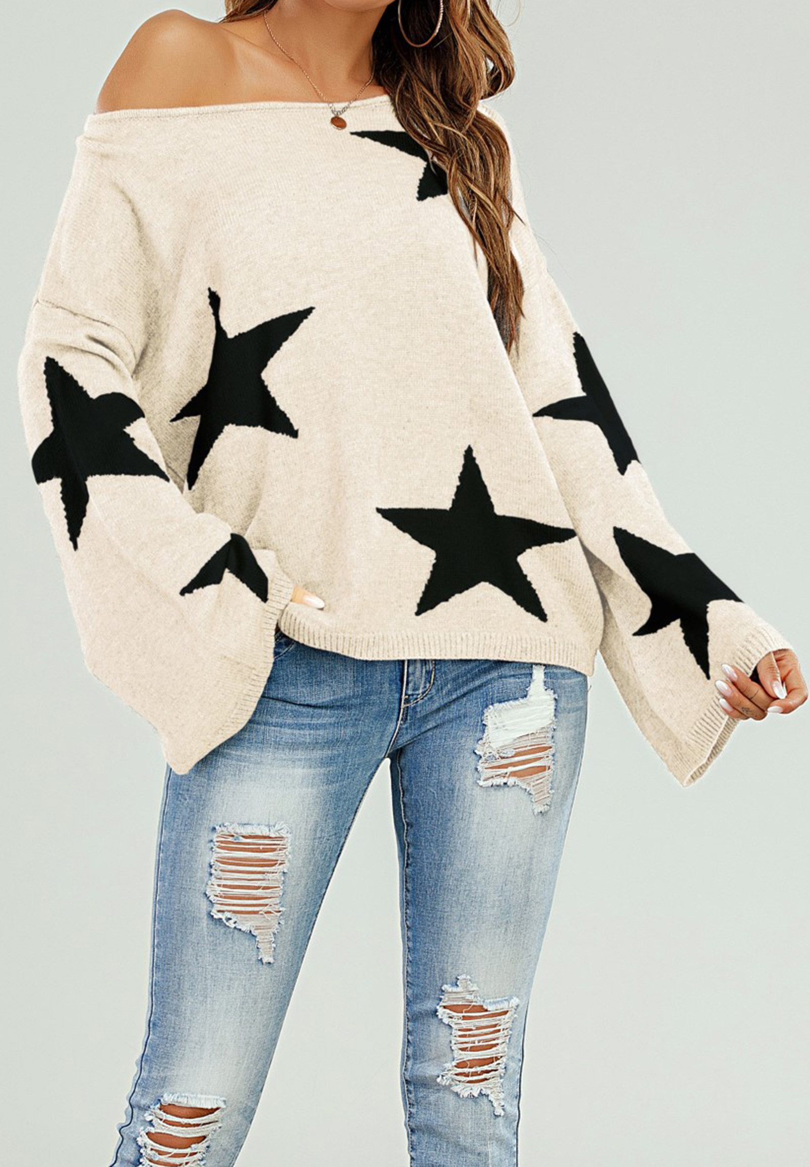 FS Collection Strickpullover Oversize Pullover mit weiten Ärmeln und Stern – Strickwaren (Einheitsgröße: UK 8–12 / EU 36–40, 5 Farben : Grau, Schwarz, Creme, Rot, Dunkelgrün) 100 % Acryl