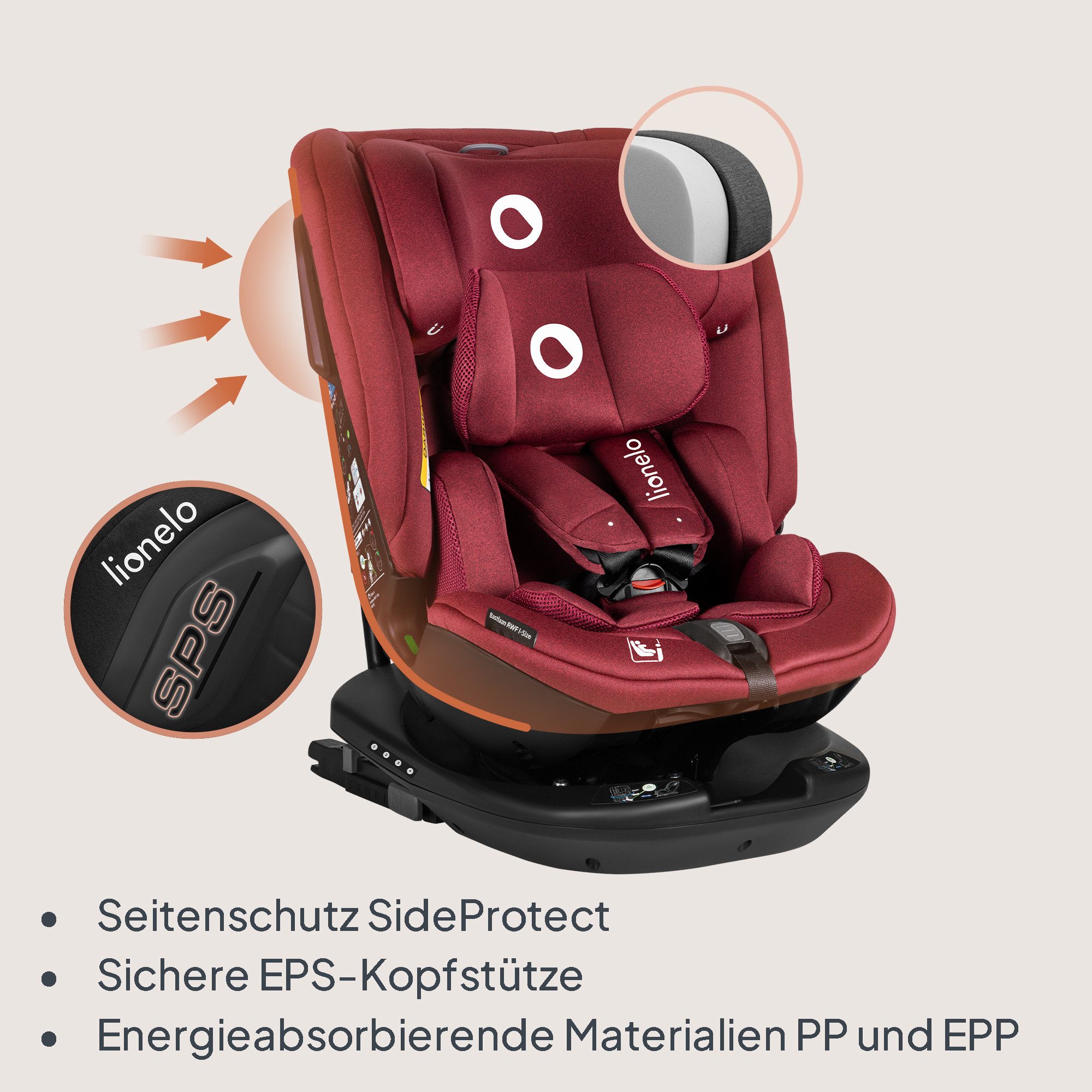 lionelo Autokindersitz Bastiaan RWF i-Size, ab: ab 0, bis: bis 150 cm (36kg), ab: 40,00 cm, bis: 150,00 cm, (Set), 4 Sitze in 1/360' drehbare Basis / ISOFIX / T – Bild 4 von 5