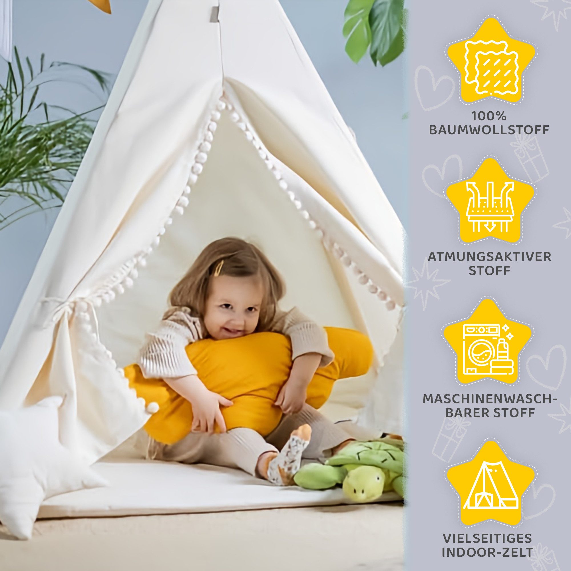 Rainbow Kids Tipi-Zelt Kinderzelt "Beiger Wolf" in Beige mit Zubehör, (8 tlg., mit 4 Kissen, Matte, Spielzeugkorb und Wimpelkette), Perfektes Spielzelt & Unterschlupf für Kinder, 110 x 110 x 160cm