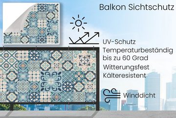 MuchoWow Balkonsichtschutz Blumen - Blau - Design - Fliese (1-St) Balkonbanner, Sichtschutz für den Balkon, Robustes und wetterfest