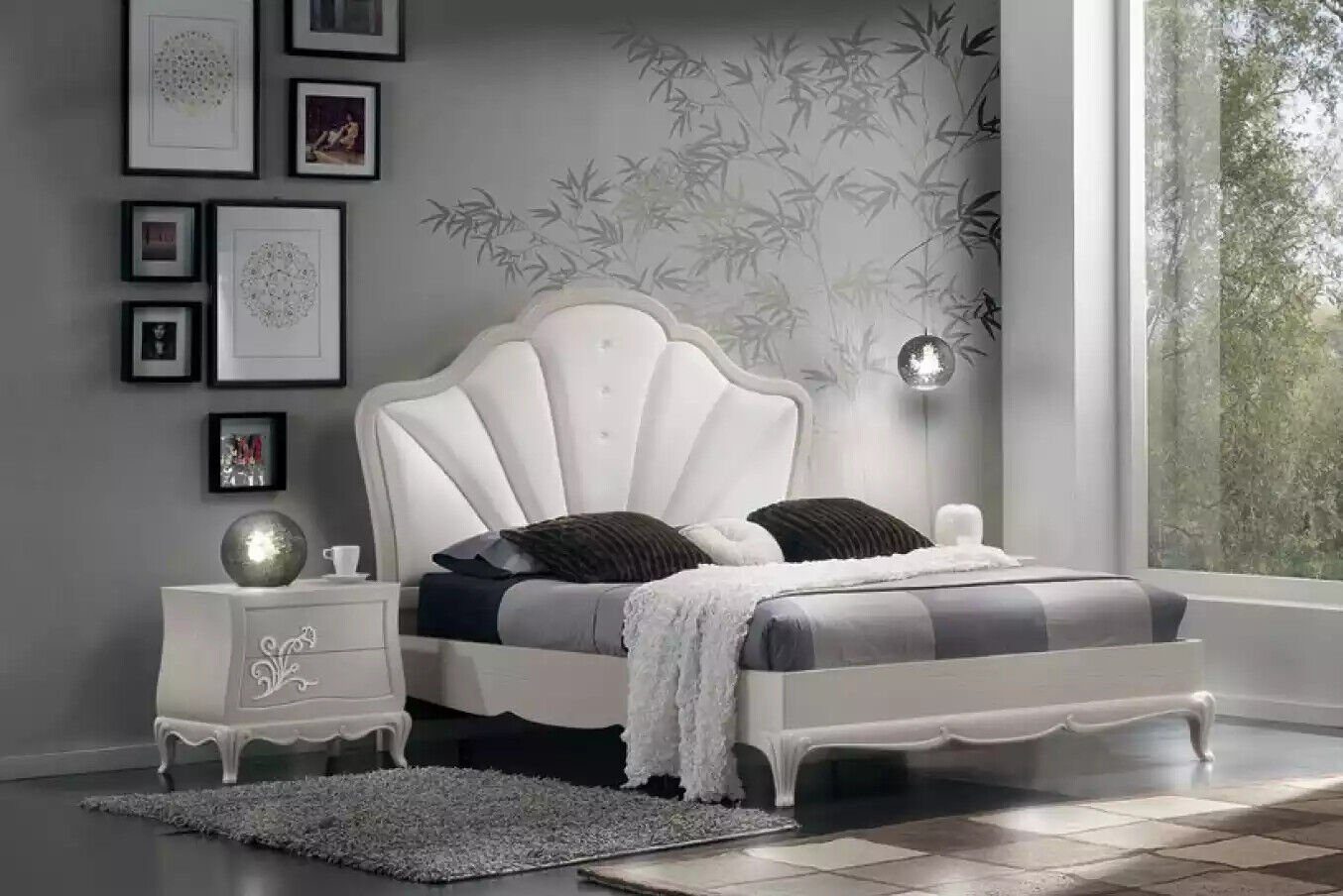 JVmoebel Schlafzimmer-Set Modern Schlafzimmer 3 tlg. Set Bett 2x Nachttische Design Grau, (3-St., Bett + 2x Nachttische), Made in Italy