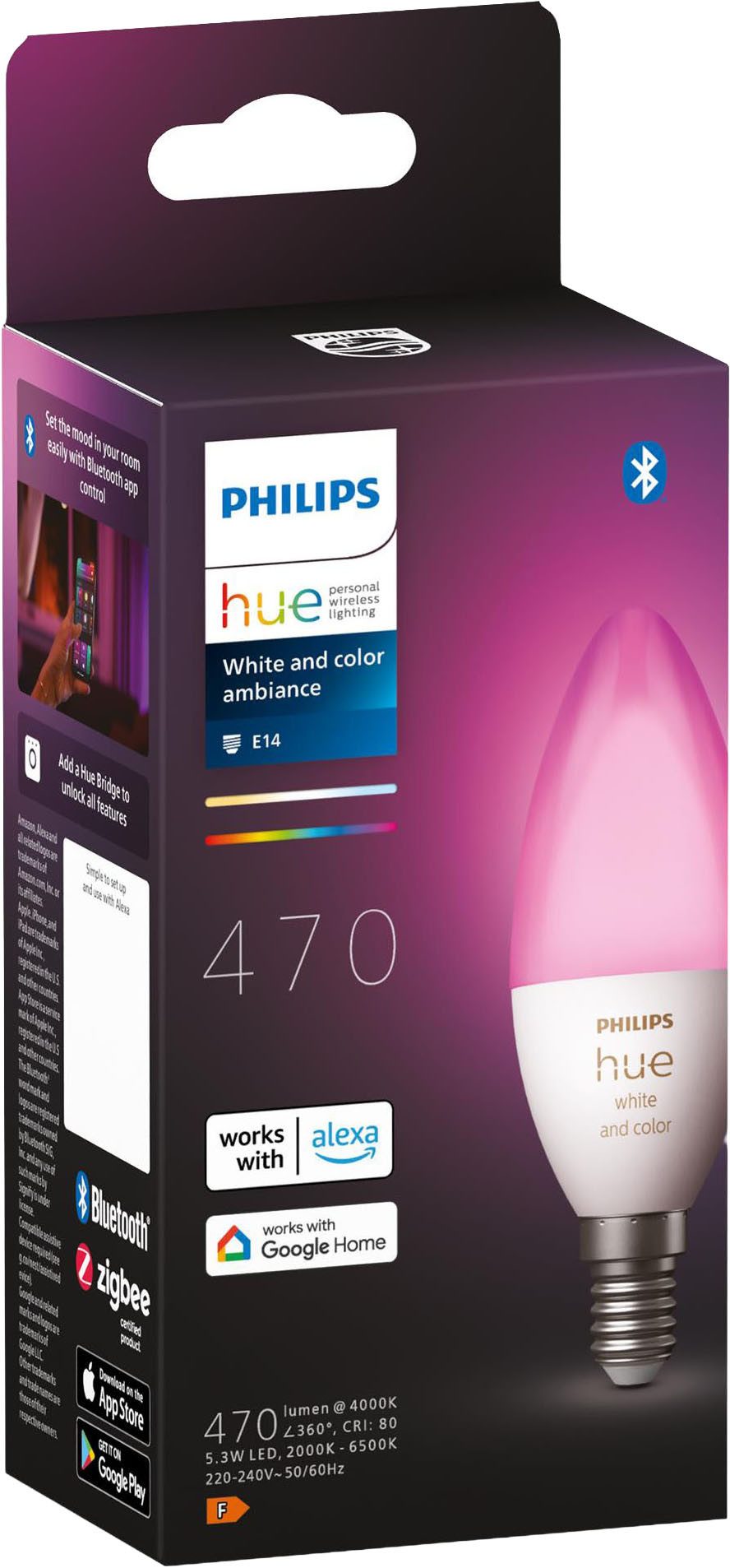 Philips Hue LED-Leuchtmittel White / White & Color Ambiance Kerze 470lm, E14, 1 St., Farbwechsler