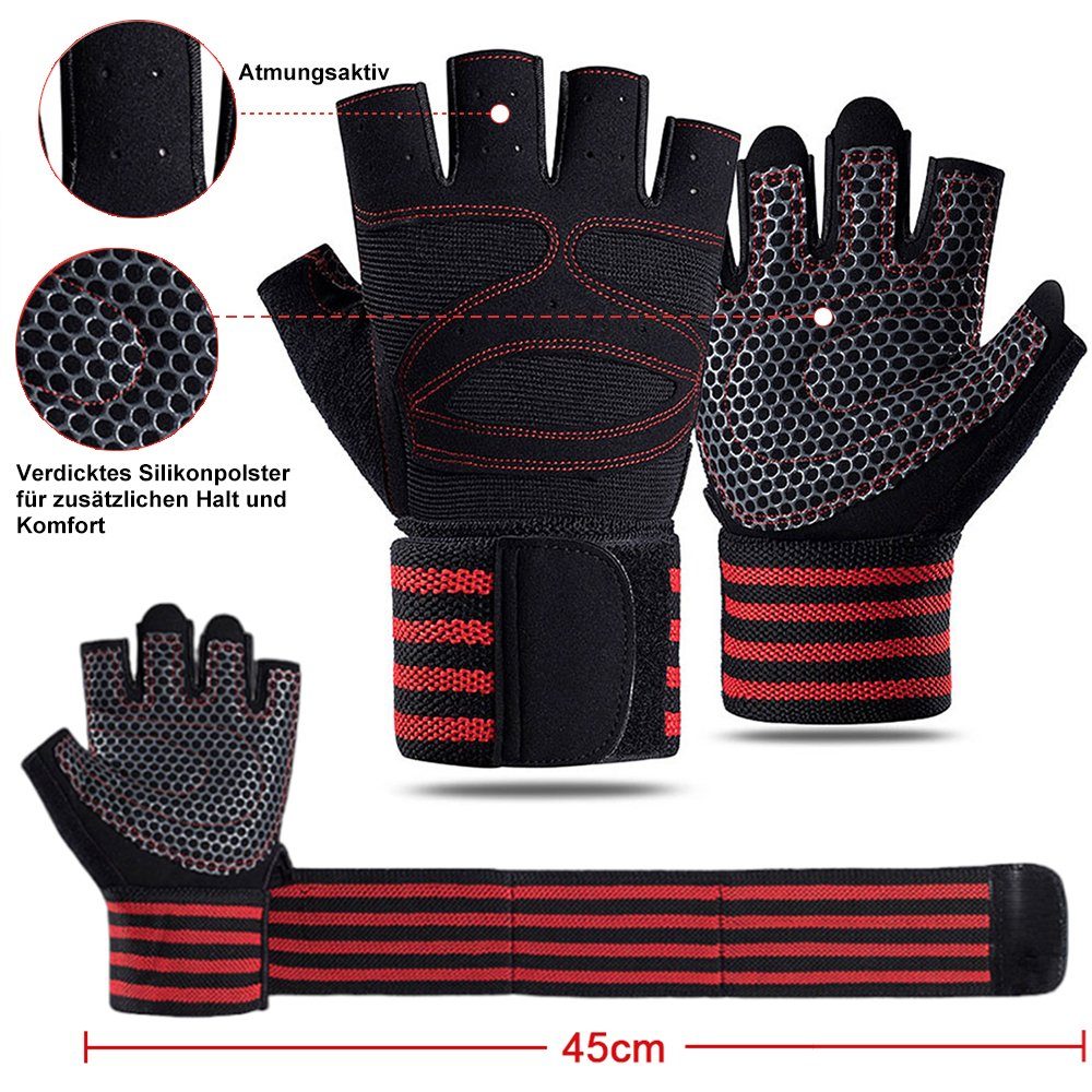 Fingerlose HOME (mit Powerlifting Handschuhe) Fitness Damen rot Rutschfest Handgelenkstütze, Verstellbarer, Trainingshandschuhe Sporthandschuhe Gepolstert, Handschuhe Atmungsaktiv Herren Bodybuilding LAPA Handschuhe Kraftsport für