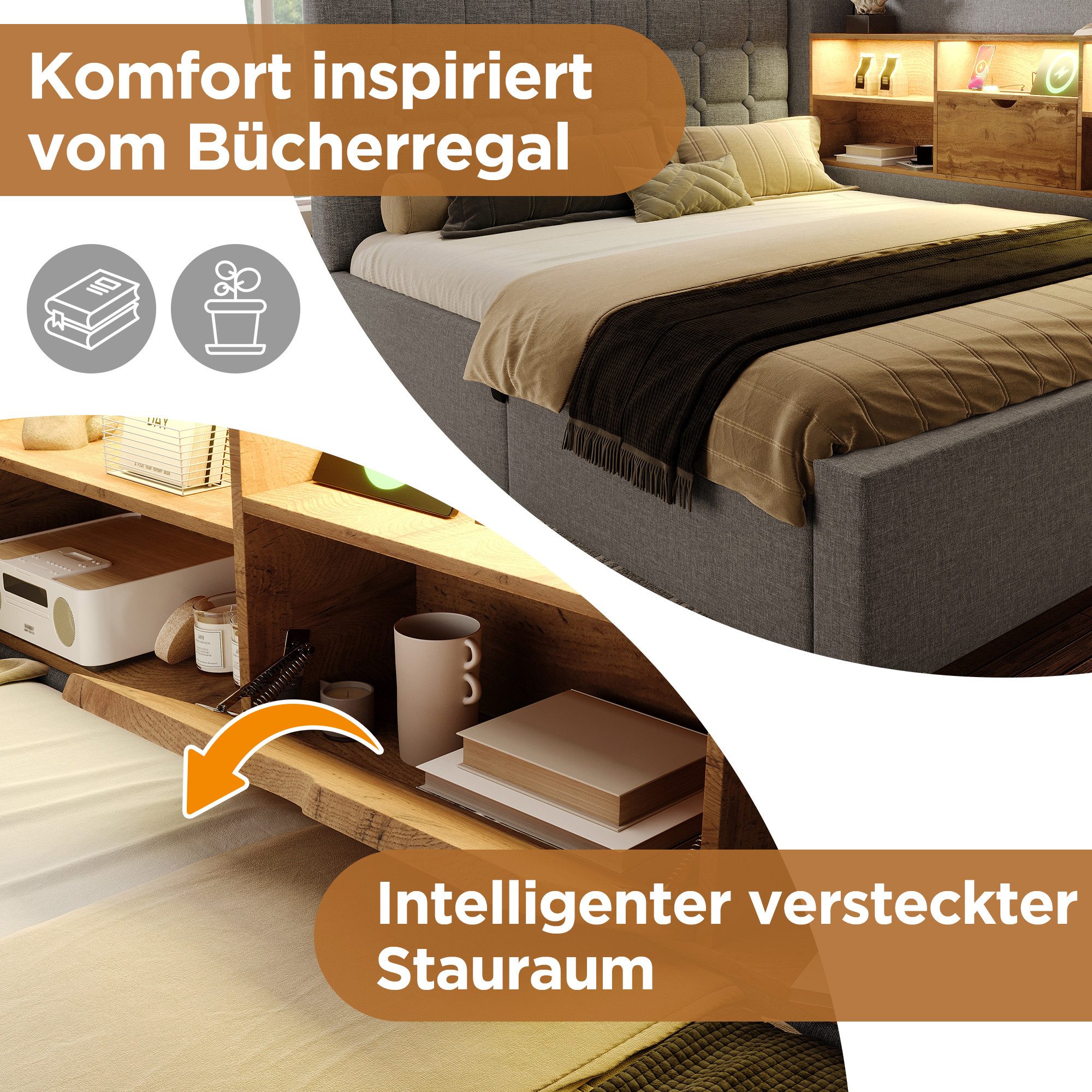 REDOM Polsterbett Stauraumbett mit beleuchtetem L-Kopfteil, hydraulisch (Struraumbett, Funktionsbett, 1-tlg., 90x190 cm, Leinenbezug, Kopfteil beidseitig montierbar), mit LED-Beleuchtung & USB/Type-C Ladestation(ohne Matratze)