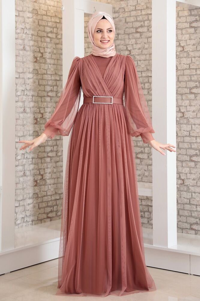 Modavitrini Abendkleid Damen Maxikleid Hijab atmungsaktiv Abaya Kleid Abiye Tüllkleid (KEMERI Kleid TASLI) gefüttert