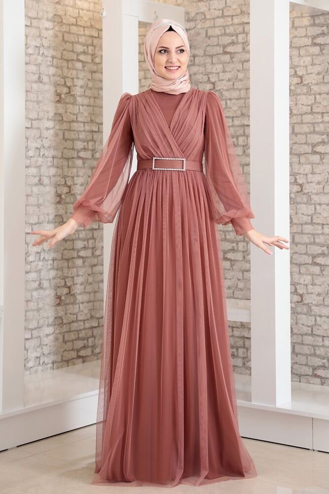 Modavitrini Abendkleid Damen Kleid Tüllkleid Koralle Abiye Maxikleid Hijab  Kleid Abaya gefüttert, atmungsaktiv