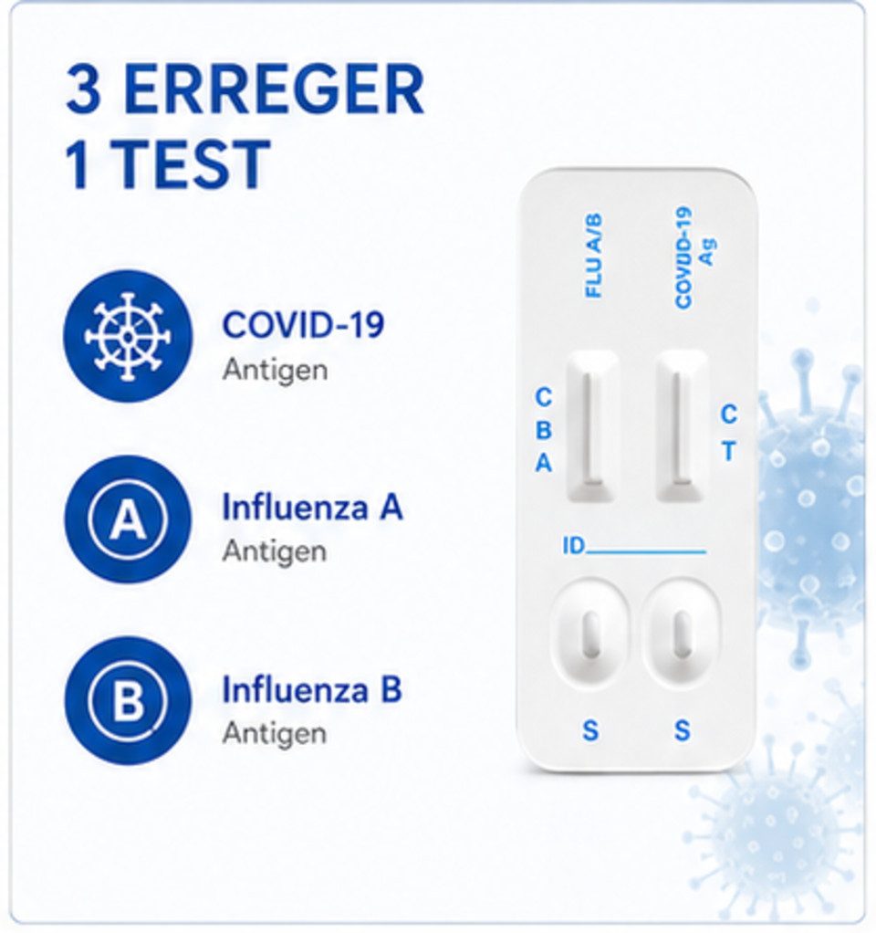 Safecare Bio-Tech Influenza-Schnelltest Safecare Corona Schnelltest Covid, MHD 2026, erkennt XEC und MC.13.2, 1 Messparameter, Corona, 5-tlg., Influenza, Hohe Präzision, 15–30 Min., ISO 13485, CE-zertifiziert, PEI geprüft