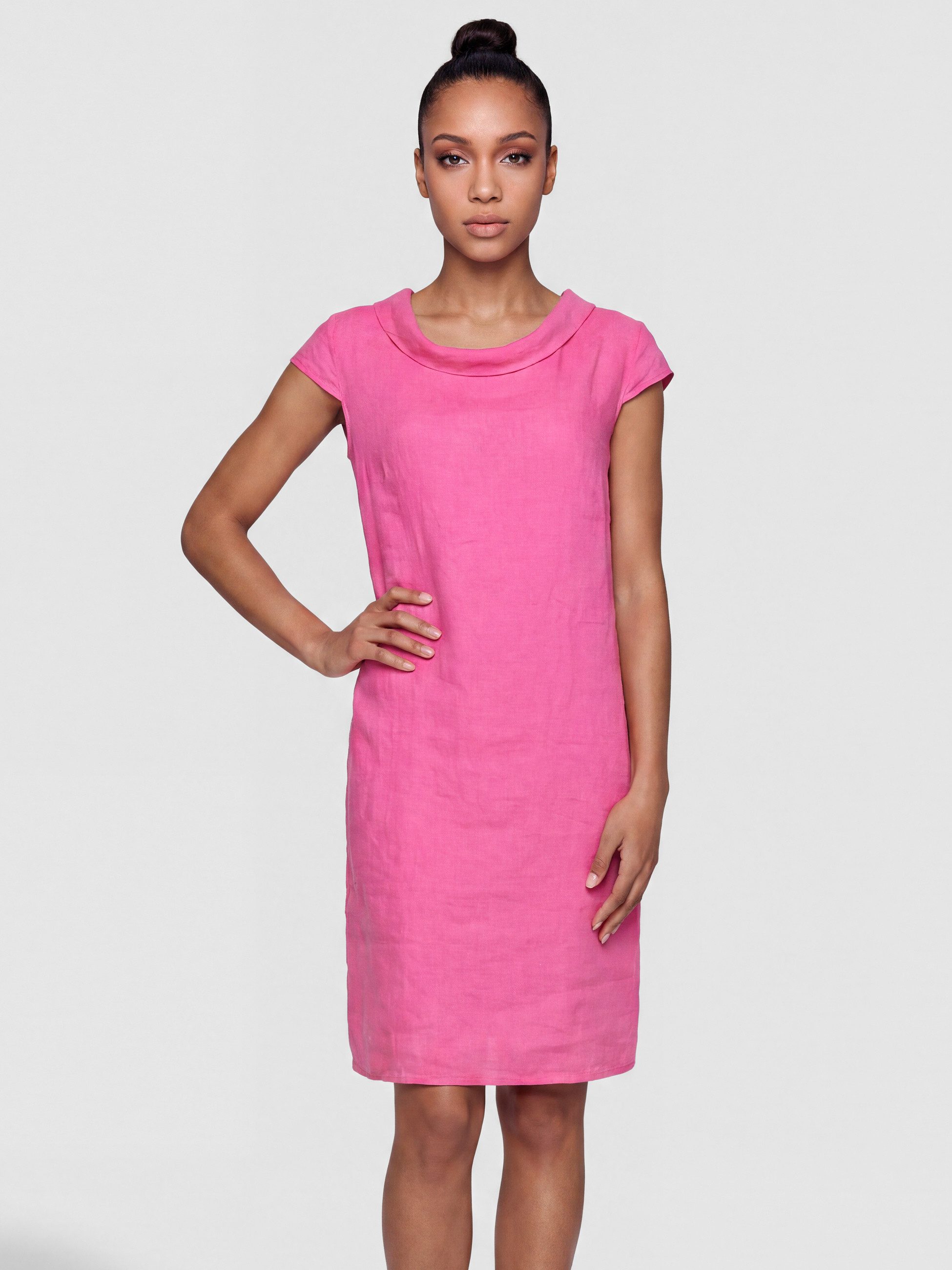 PEKIVESSA Sommerkleid Knielanges Leinenkleid kurzarm elegant mit breitem Umschlagkragen