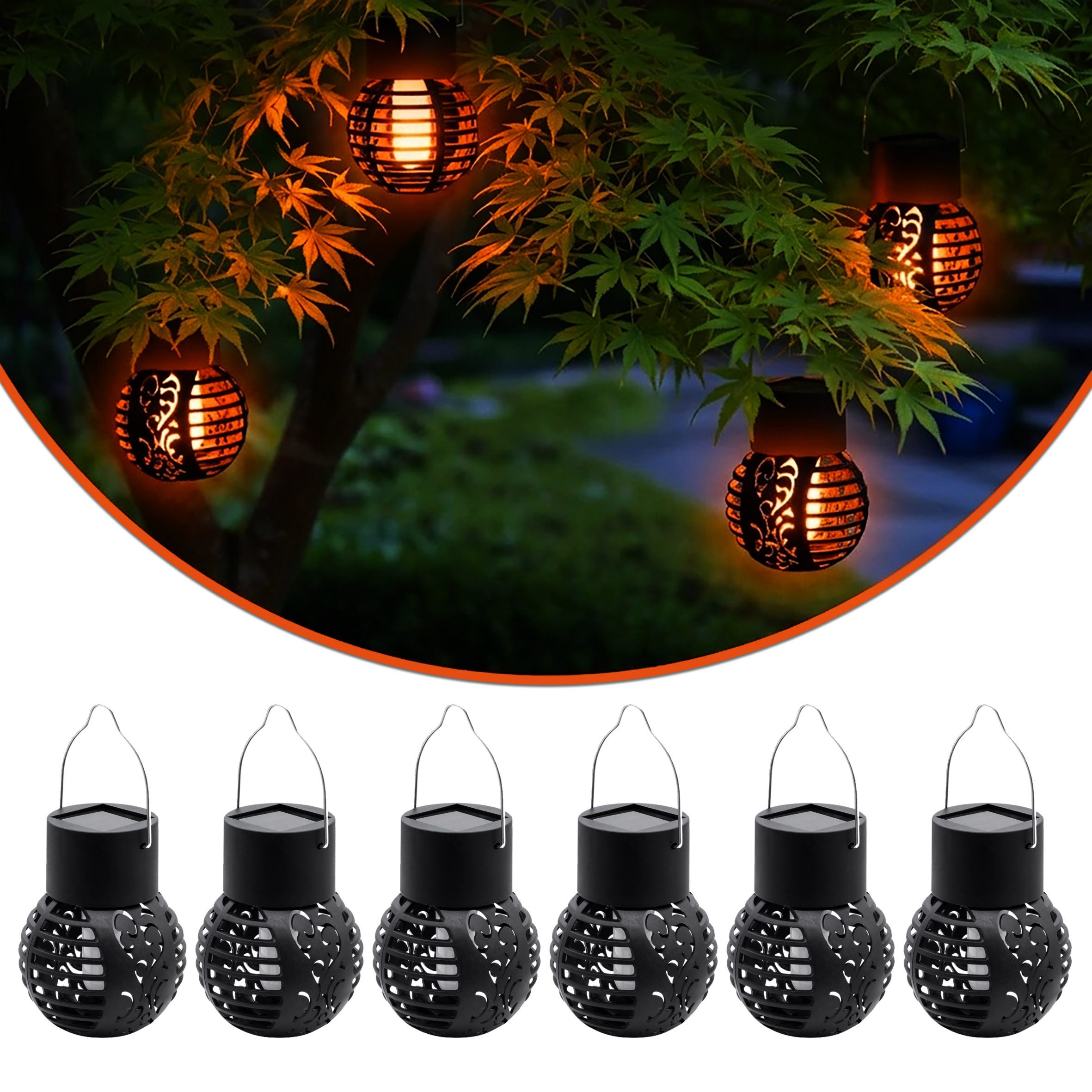 Spetebo LED Laterne LED Solar Laterne klein - 6er Set, mit Flammeneffekt, LED fest integriert, orange (Feuerfarben), Dämmerungssensor