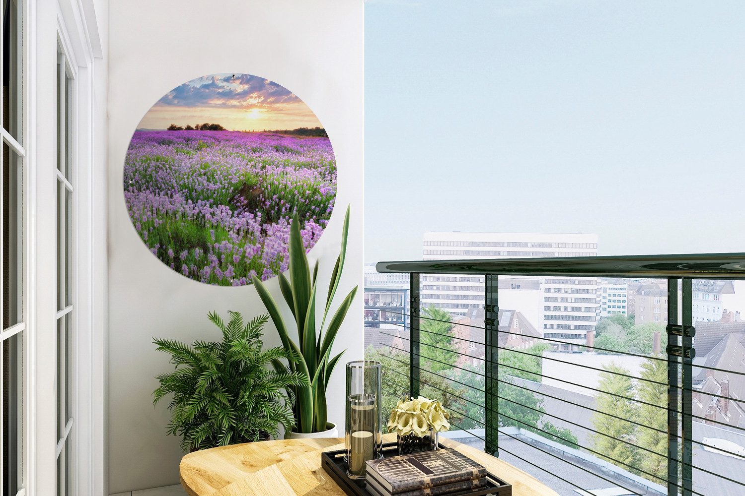 OnlyWow Poster für Garten Lavendel - Blumen - Sonnenuntergang - Lila - Wiese, Gartenposter, Outdoor Bilder, Wetterfest, Garten Deko, 60x60 cm