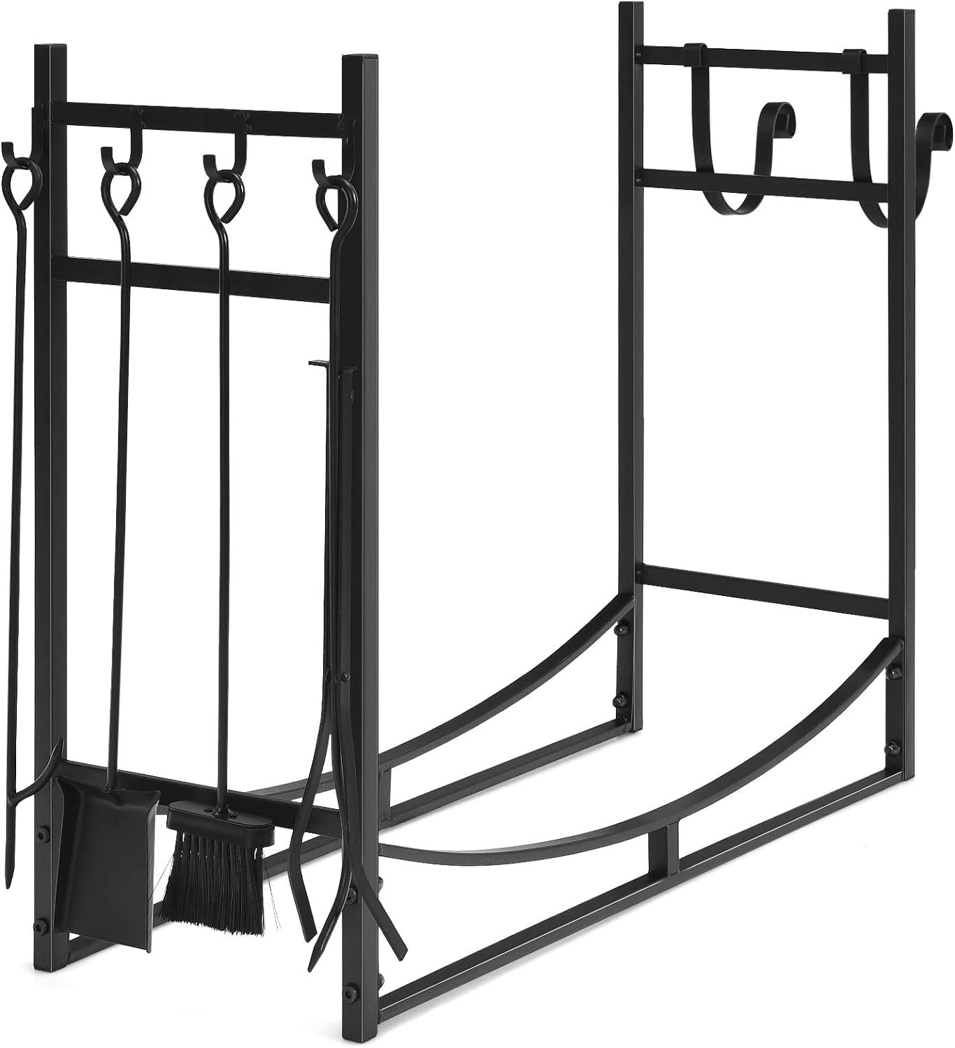 KOMFOTTEU Kaminholzregal Brennholzregal, aus Metall mit Schaufel & 2 abnehmbaren Häkchen